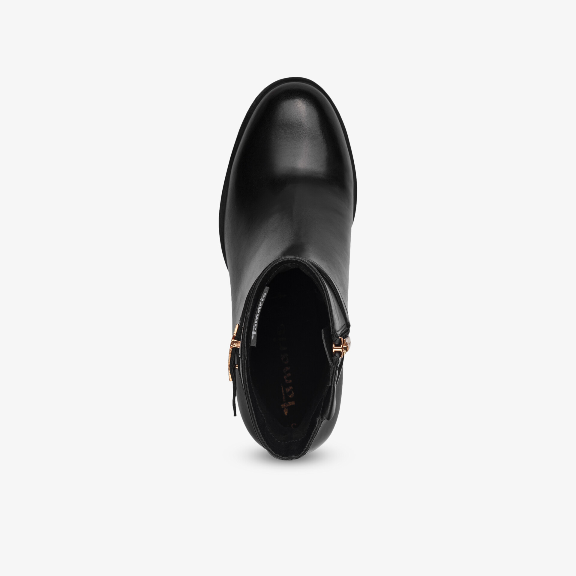 Schwarzer, eleganter Schuh aus glattem Leder mit Reißverschluss und runder Spitze, Draufsicht