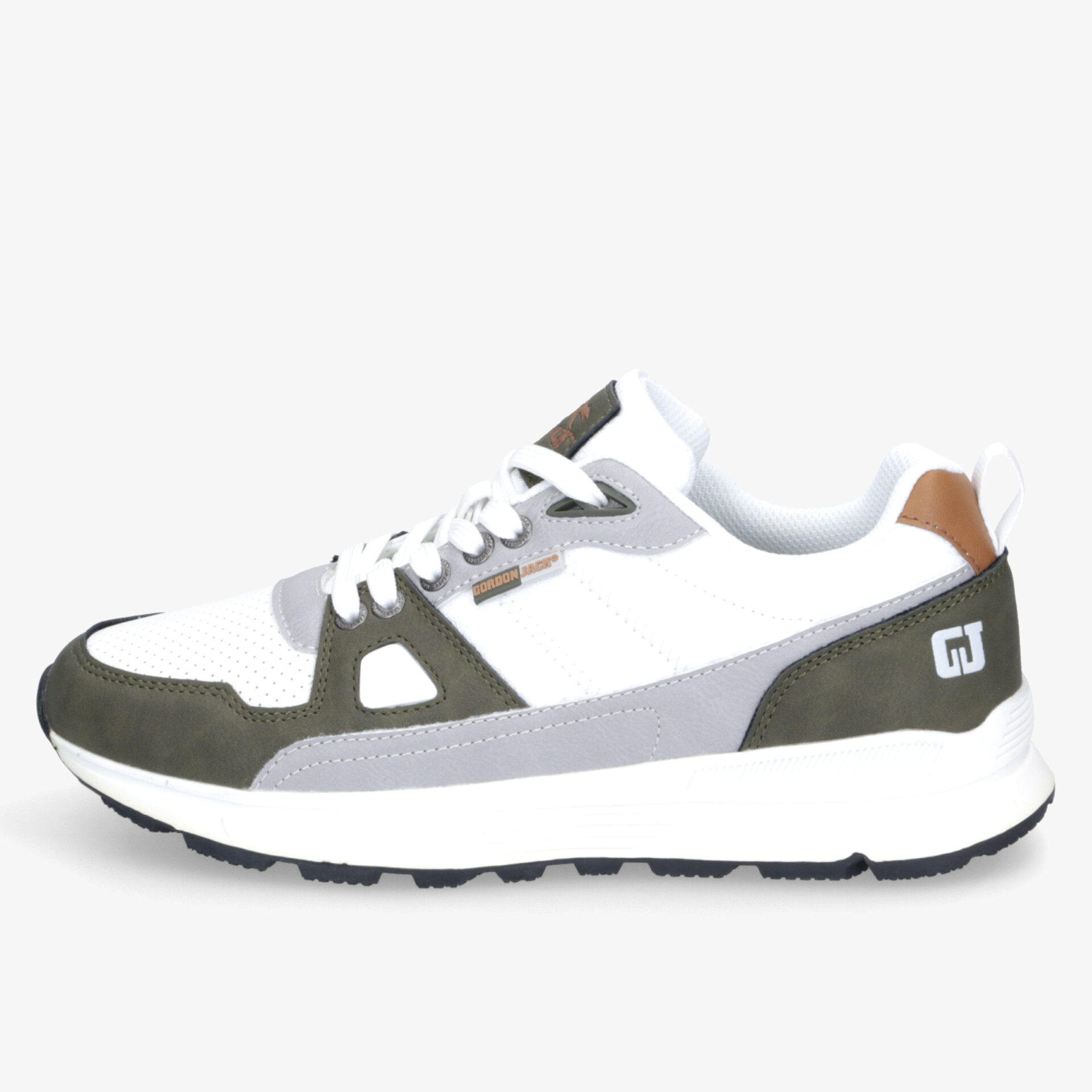 Seitlicher Blick auf modernen weißen Sneaker mit olivgrünen und braunen Akzenten und bequemer Sohle