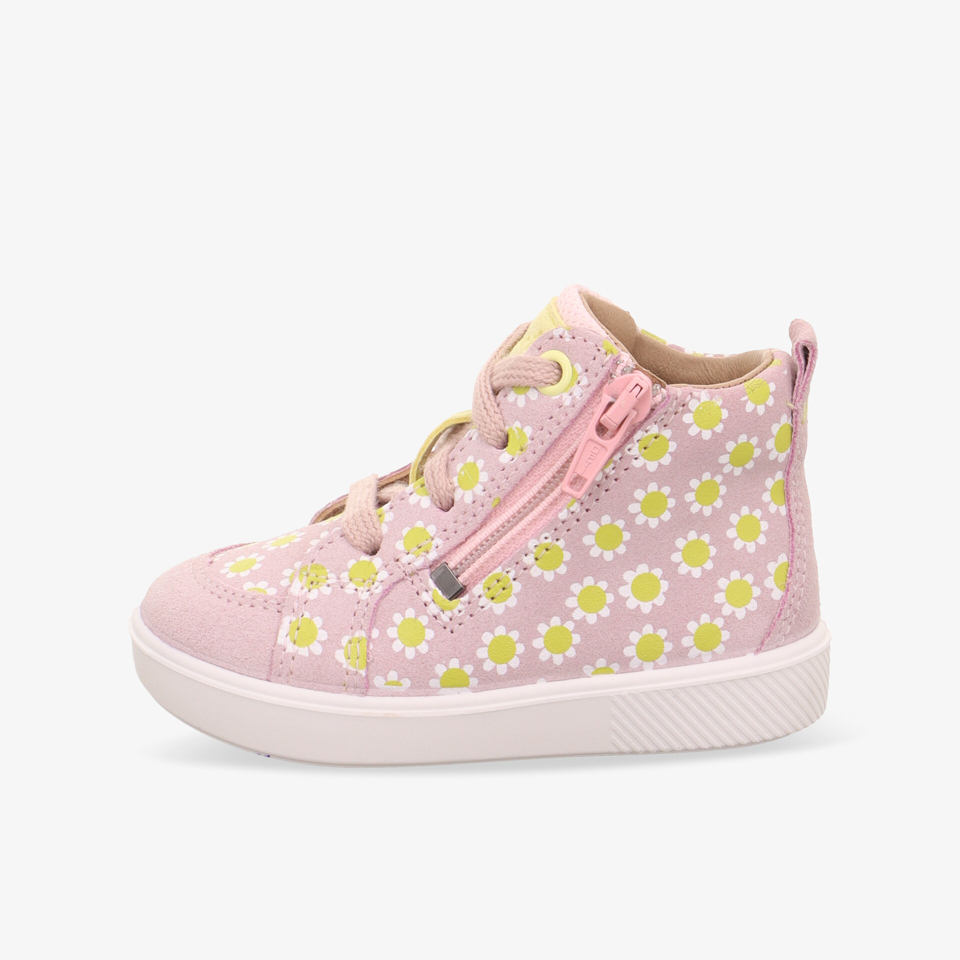 Bequemer rosa Kinderschuh mit gelben Blumen, flexiblem Profil und praktischem Reißverschluss für einfachen Einstieg