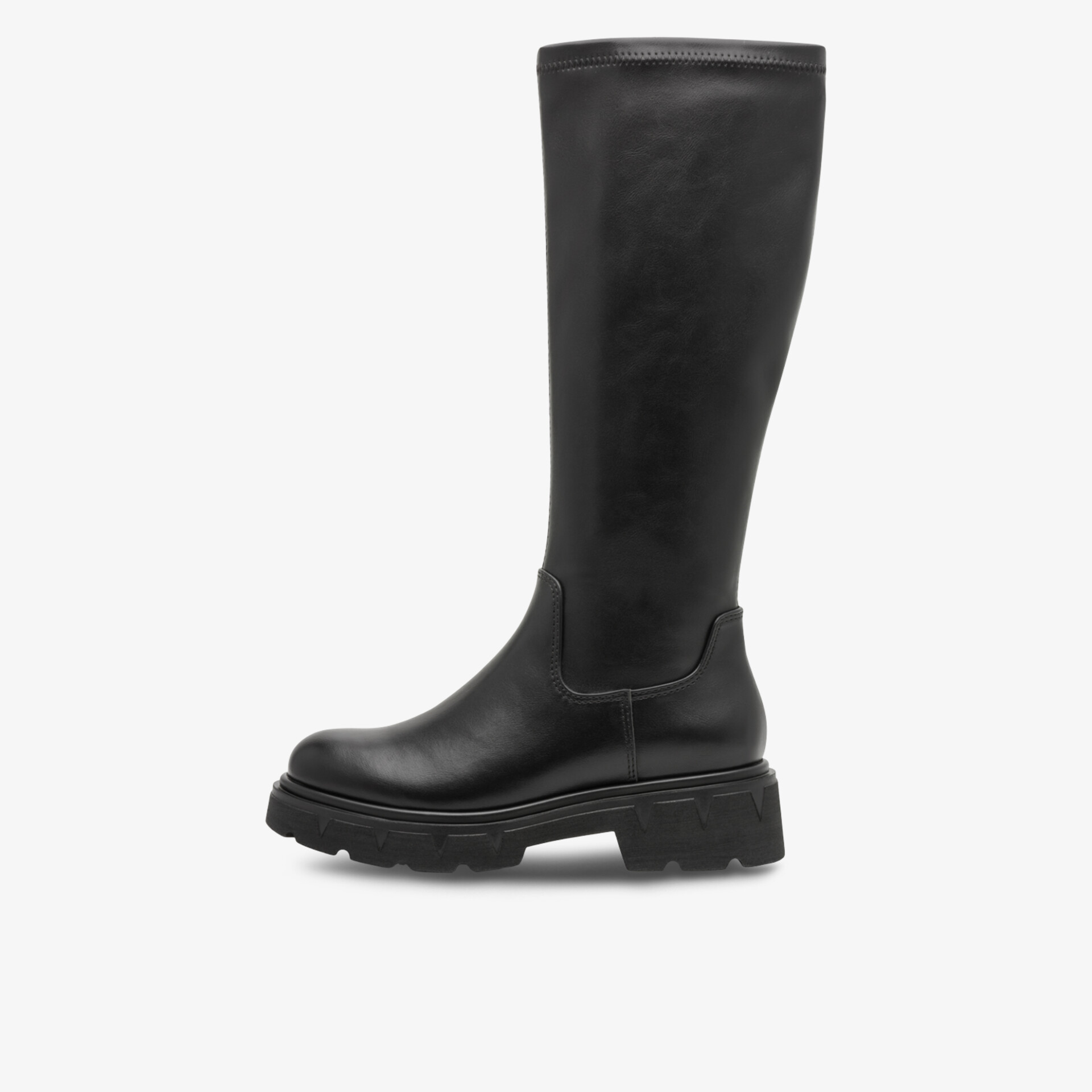 Schwarzer hoher Stiefel mit robustem Absatz und glattem klassischem Material, seitliche Ansicht