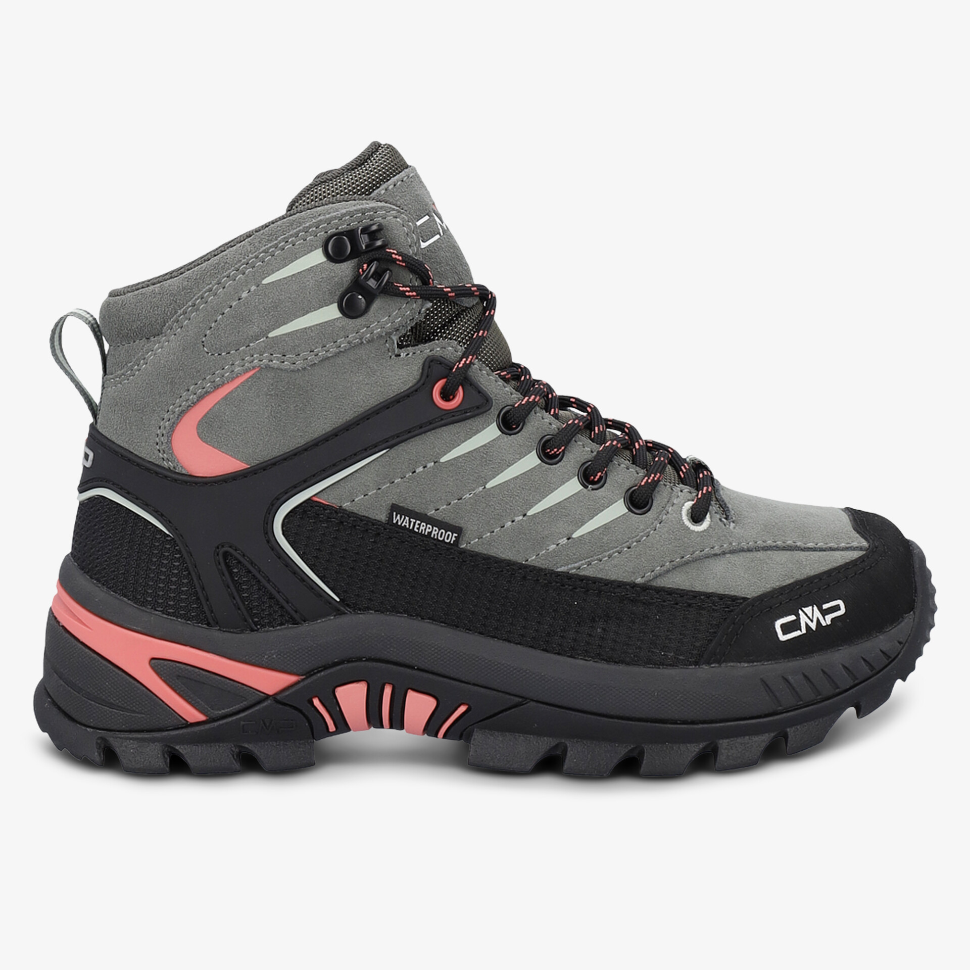 Robuster Wanderschuh mit rutschfester Sohle und wetterfestem Design in grau-schwarz-rot.