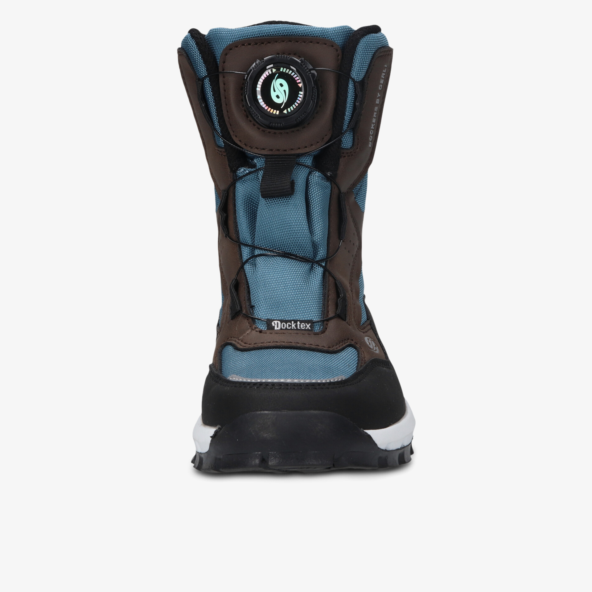 Robuster wasserdichter Schuh mit gepolsterter Fütterung und rutschfester Sohle, klare Rückansicht