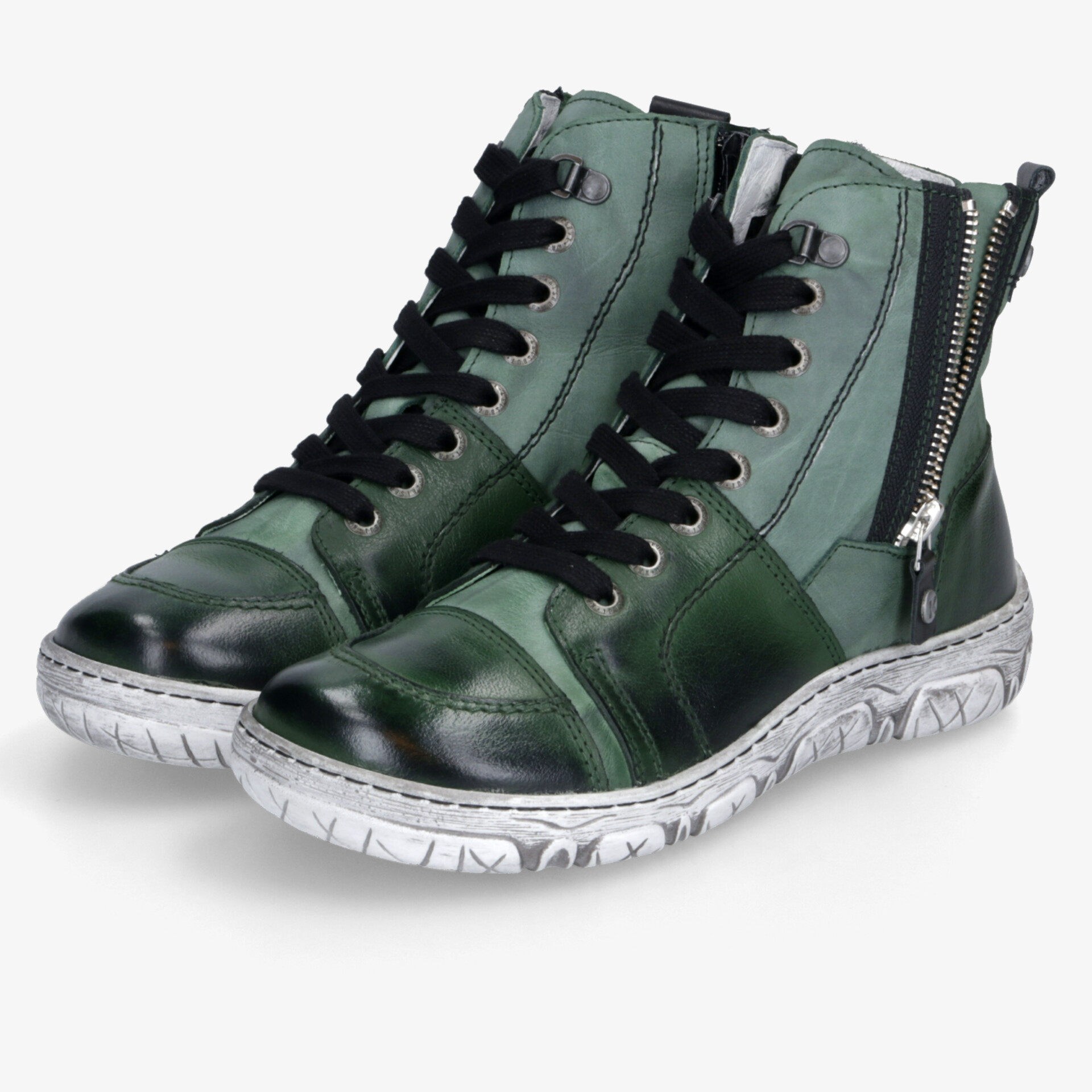 Grüne hohe Schuhe mit Schnürsenkeln und Reißverschluss, sportlich und bequem mit flexibler weißer Sohle