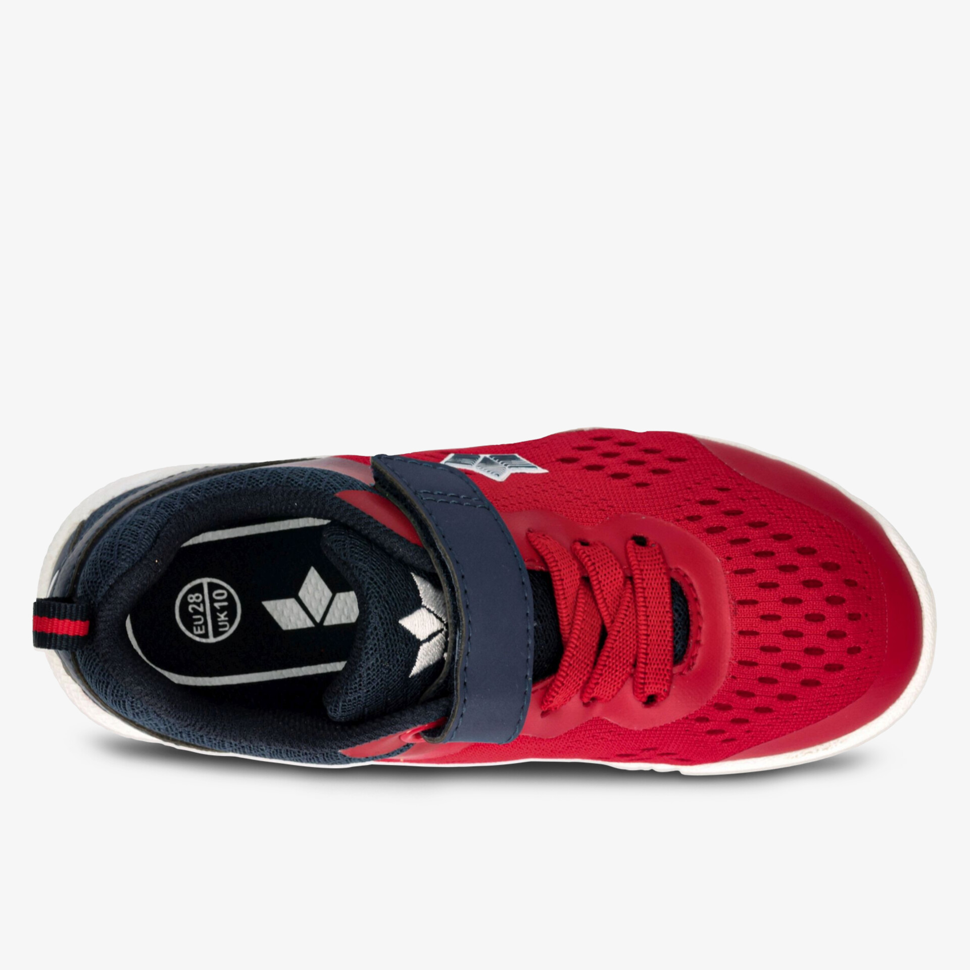 rote Sportschuh mit atmungsaktivem Obermaterial und stabiler rutschfester Sohle von oben fotografiert