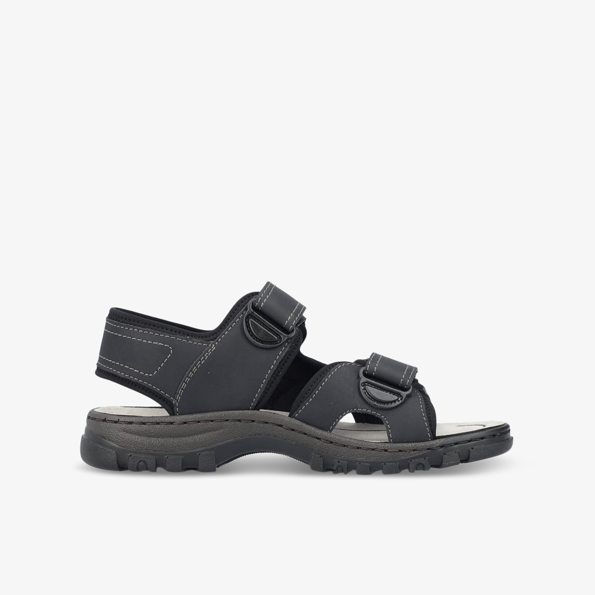 Schwarze sportliche Sandale mit verstellbaren Klettverschlüssen und rutschfester, leichter Sohle seitlich