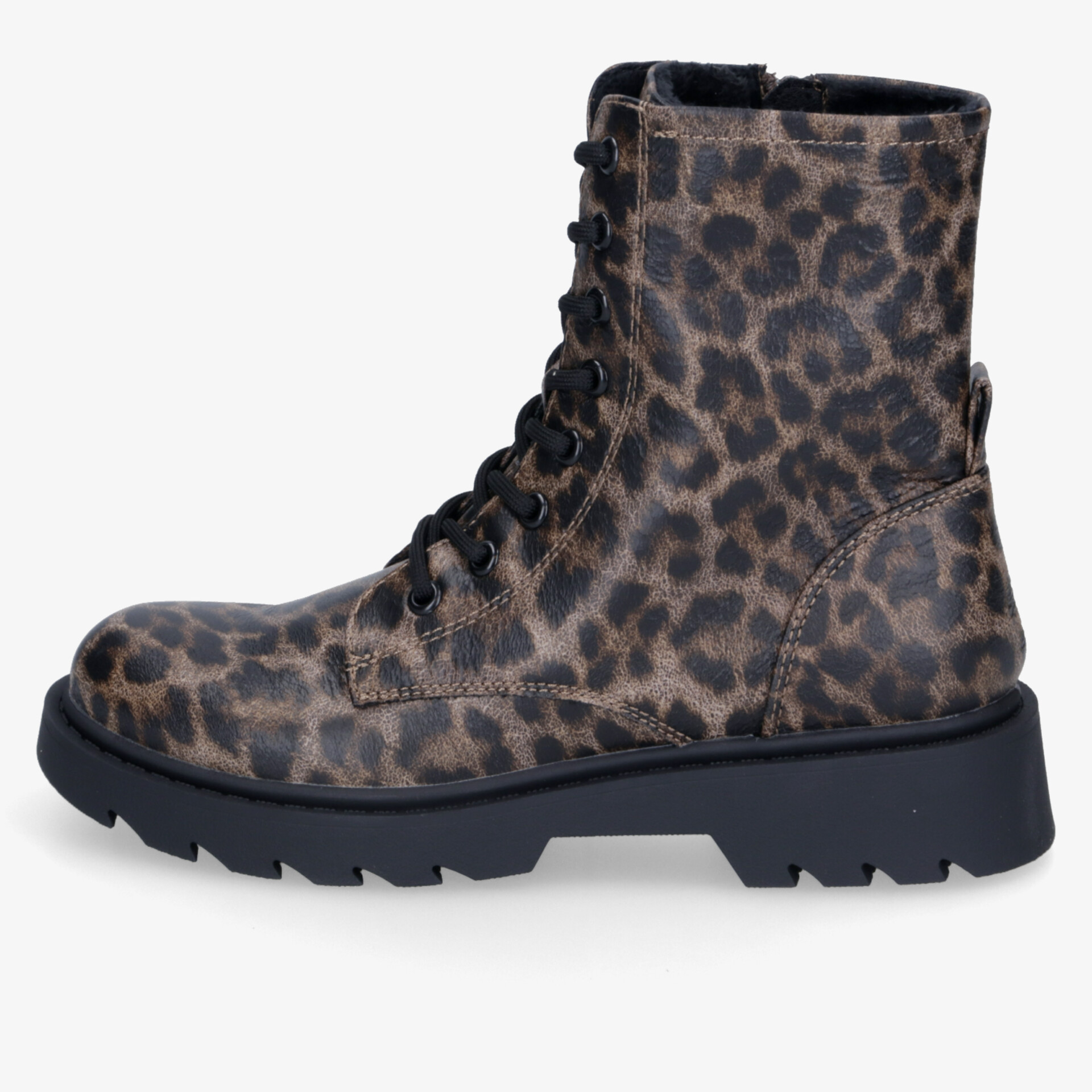 Modischer Schnürstiefel im Leopardenmuster mit robuster, rutschfester Sohle. Ideal für urbanen und lässigen Look.