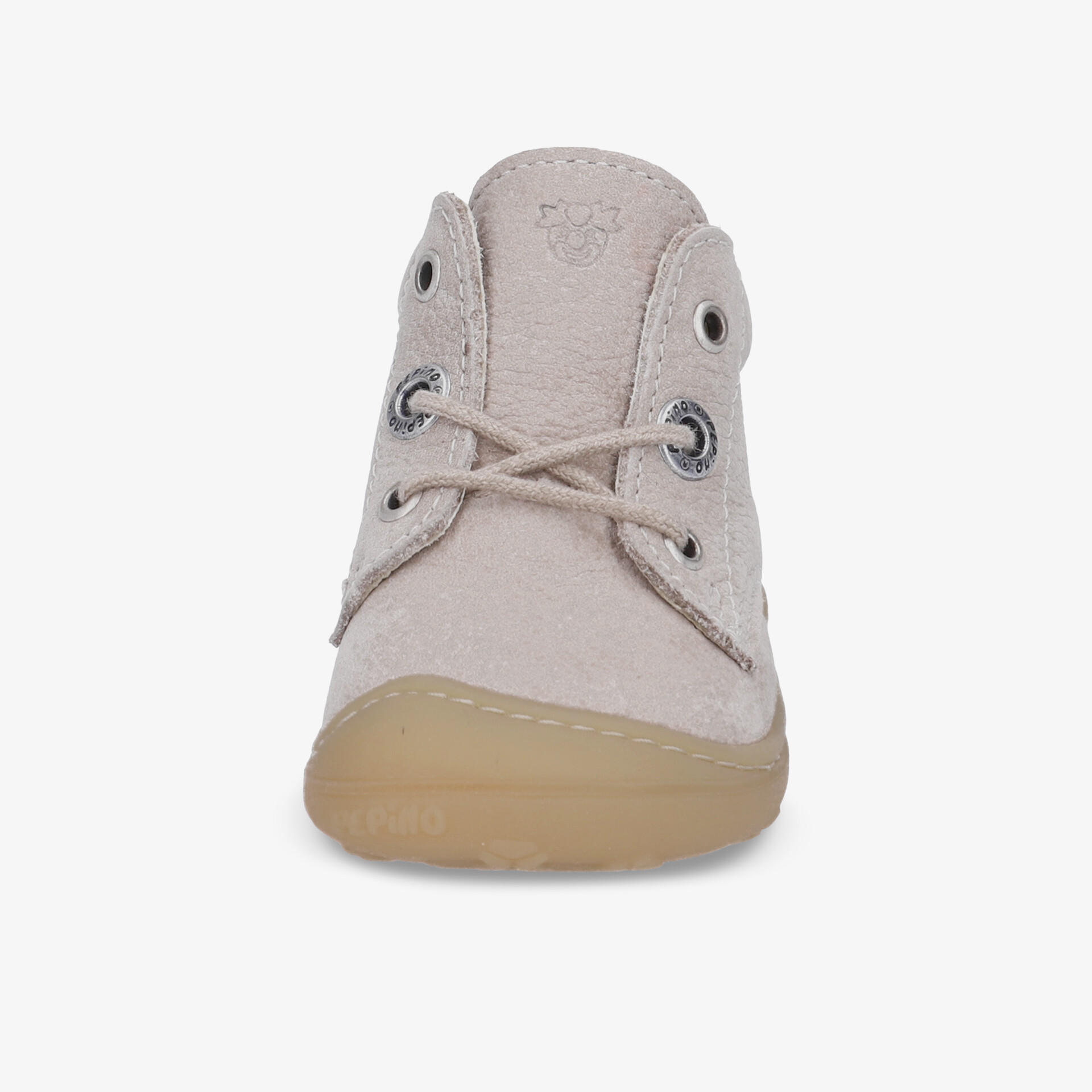 Beiger Schuh mit Schnürsenkeln und flexibler runder Zehenkappe, bequem und aus weichem Material