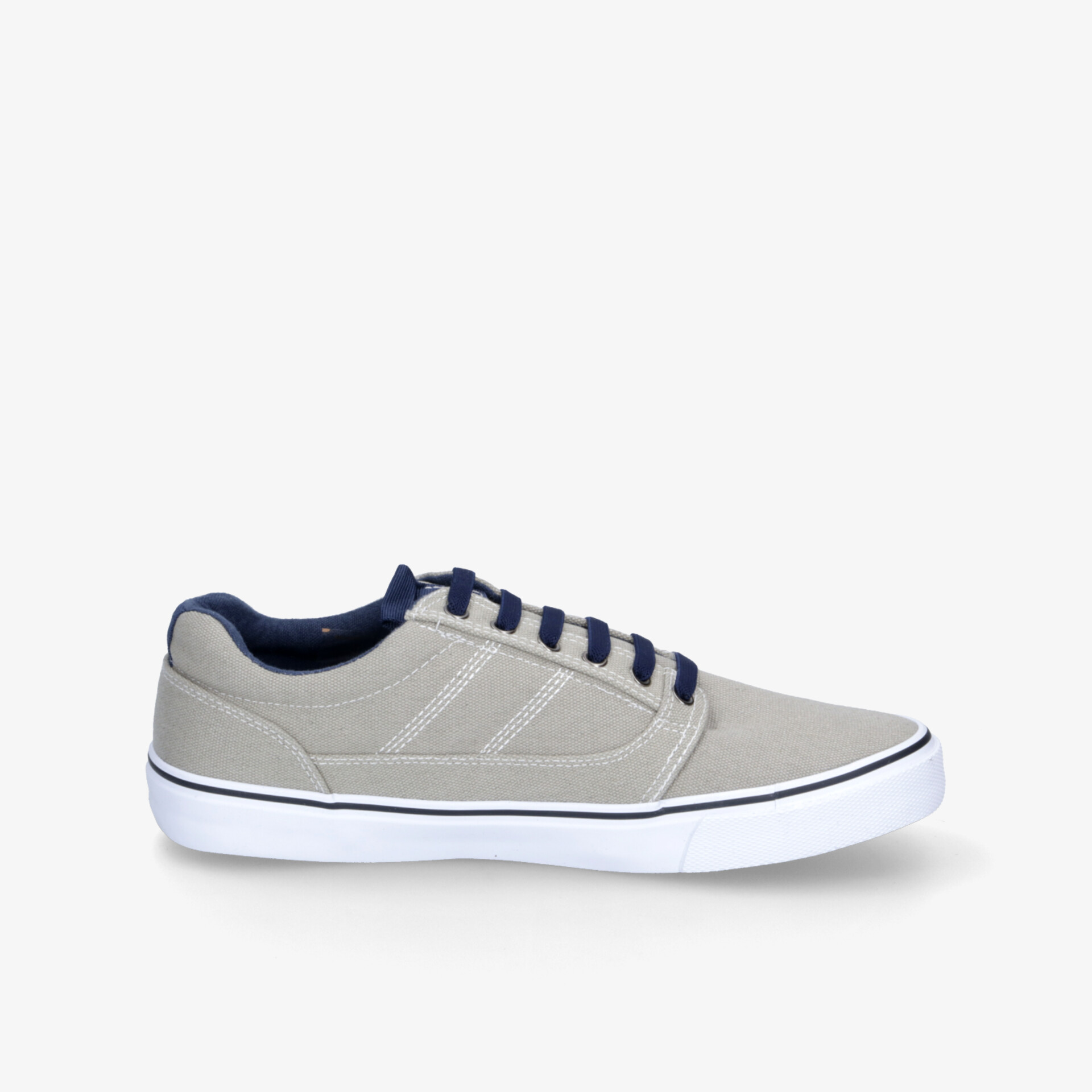 Grauer Sneaker mit weißer Sohle und Schnürung in seitlicher Ansicht, sportlich und bequem