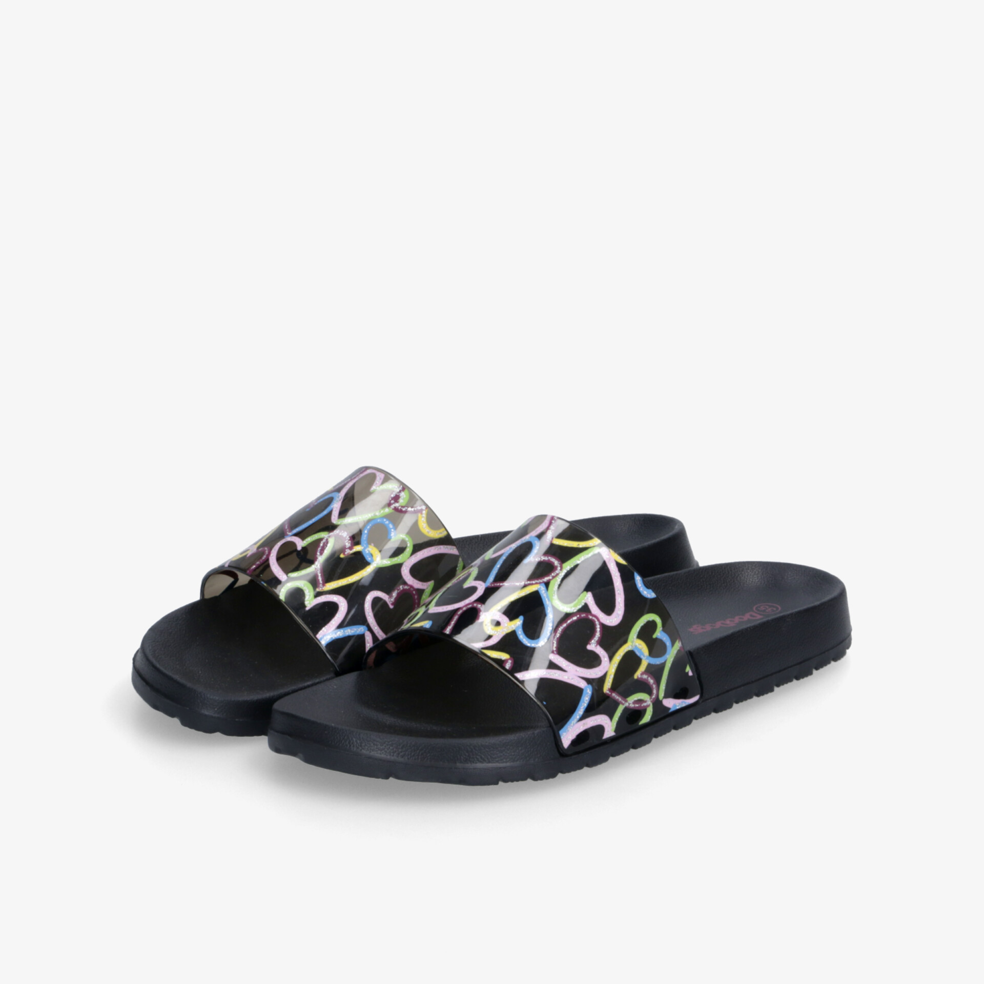 Schwarze Badeschlappen mit buntem Herz-Muster, rutschfeste Sohle und komfortablem Fußbett für den täglichen Gebrauch