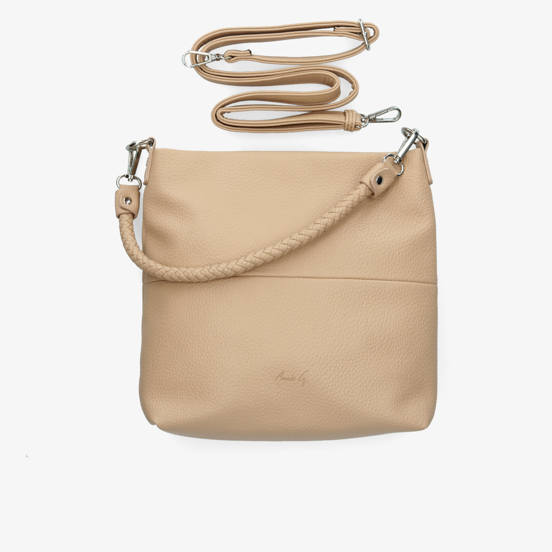 Beige Umhängetasche mit verstellbarem Schulterriemen und geflochtenem Griff, silberne Metallakzente, elegante kompakte Form