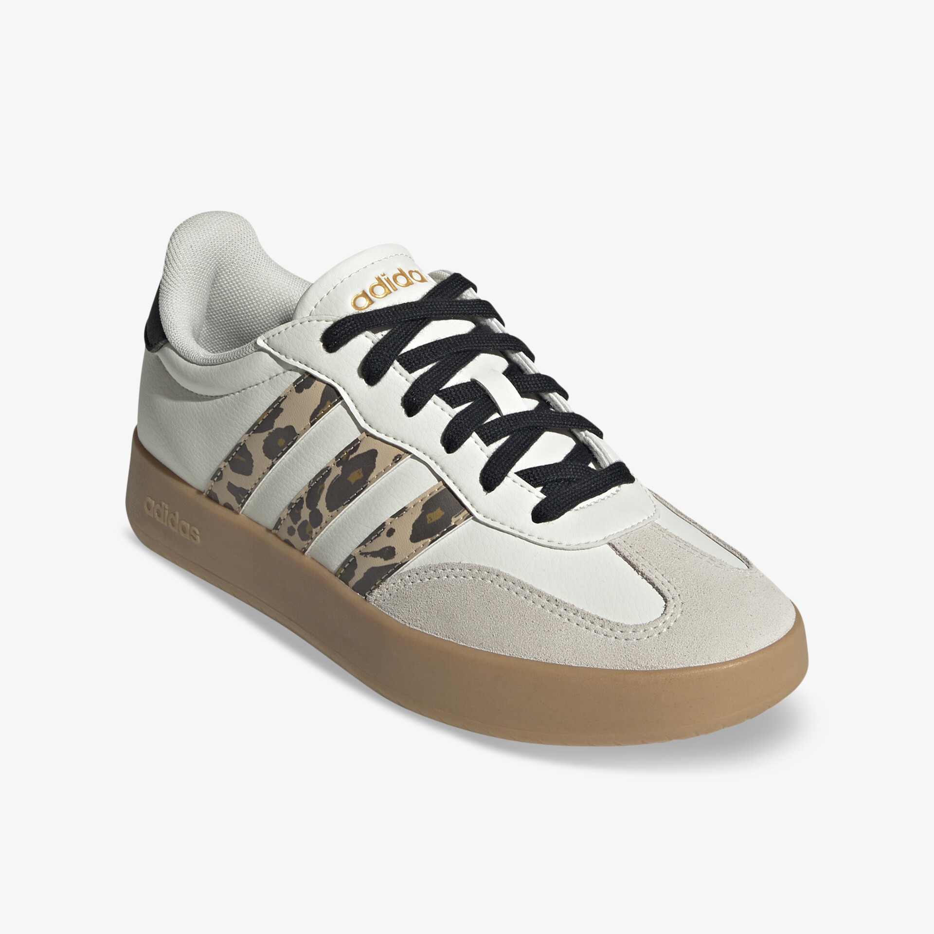 Bequemer Freizeitschuh in Creme mit Leopardenmuster und schwarzer Schnürung, robuste Gummisohle