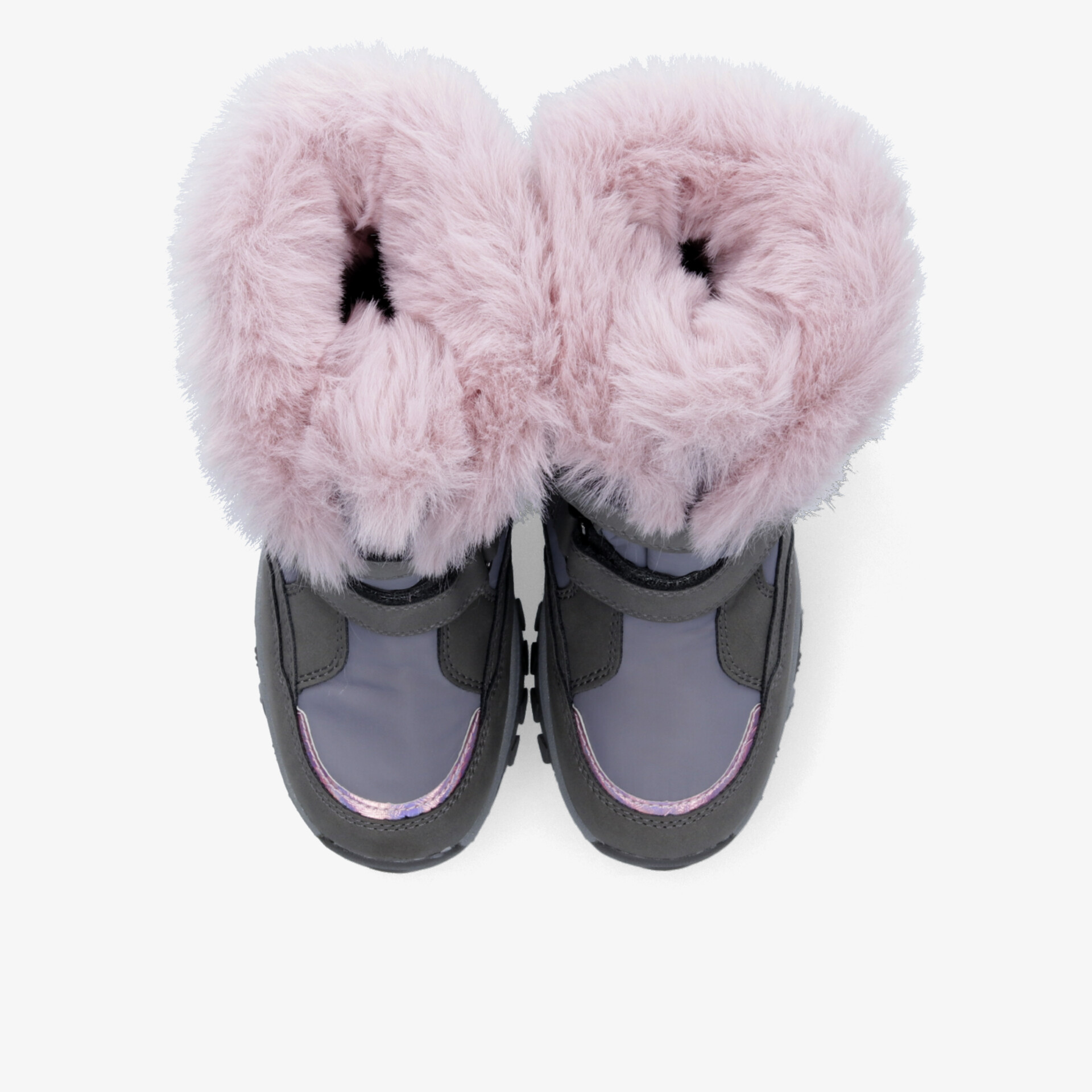 Paar winterliche Stiefel mit weichem rosa Flauschfutter und robuster dunkelgrauer Sohle, von oben aufgenommen