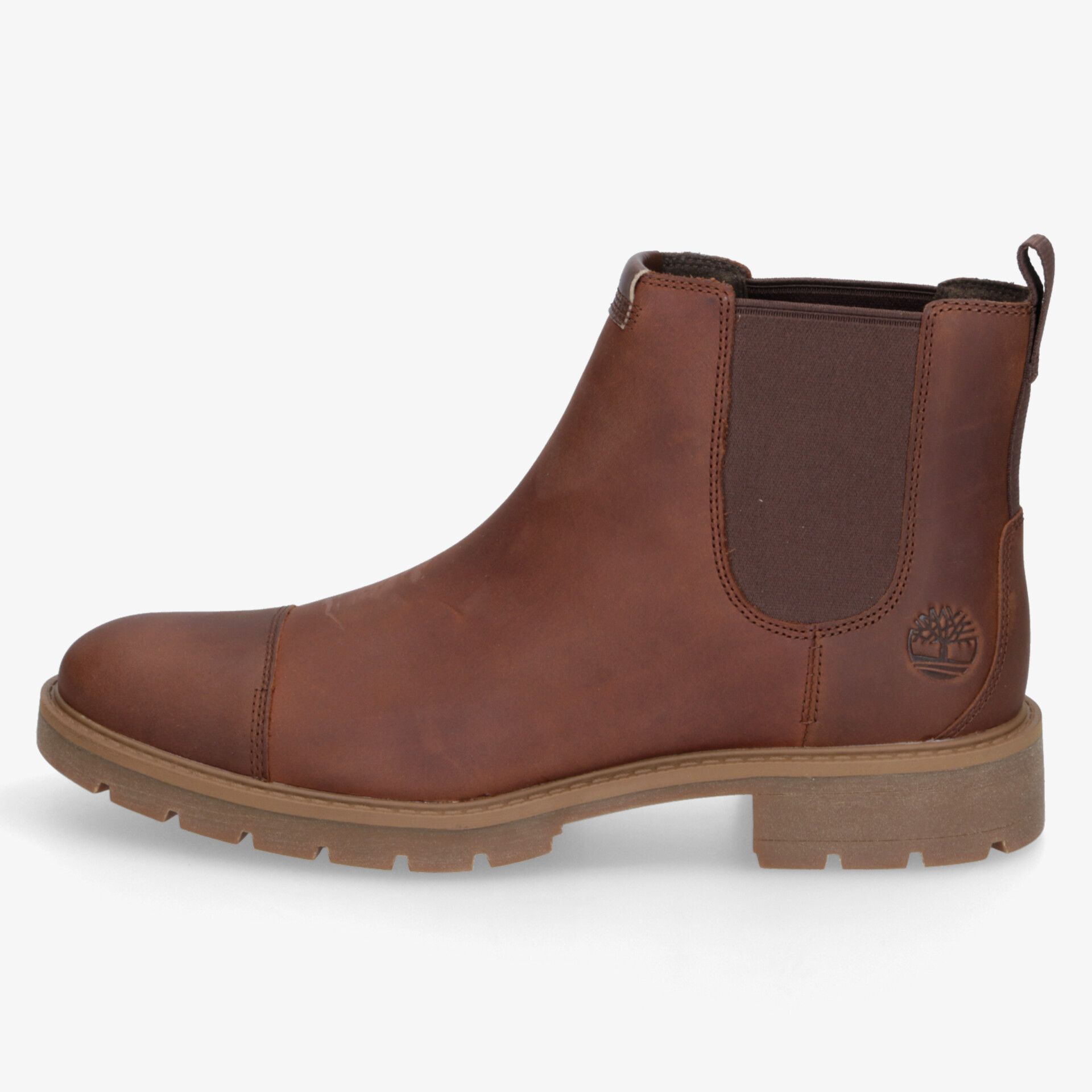 Braune Leder-Stiefelette in klarer seitlicher Ansicht mit elastischen Einsätzen und rutschfester Sohle, bequem und robust