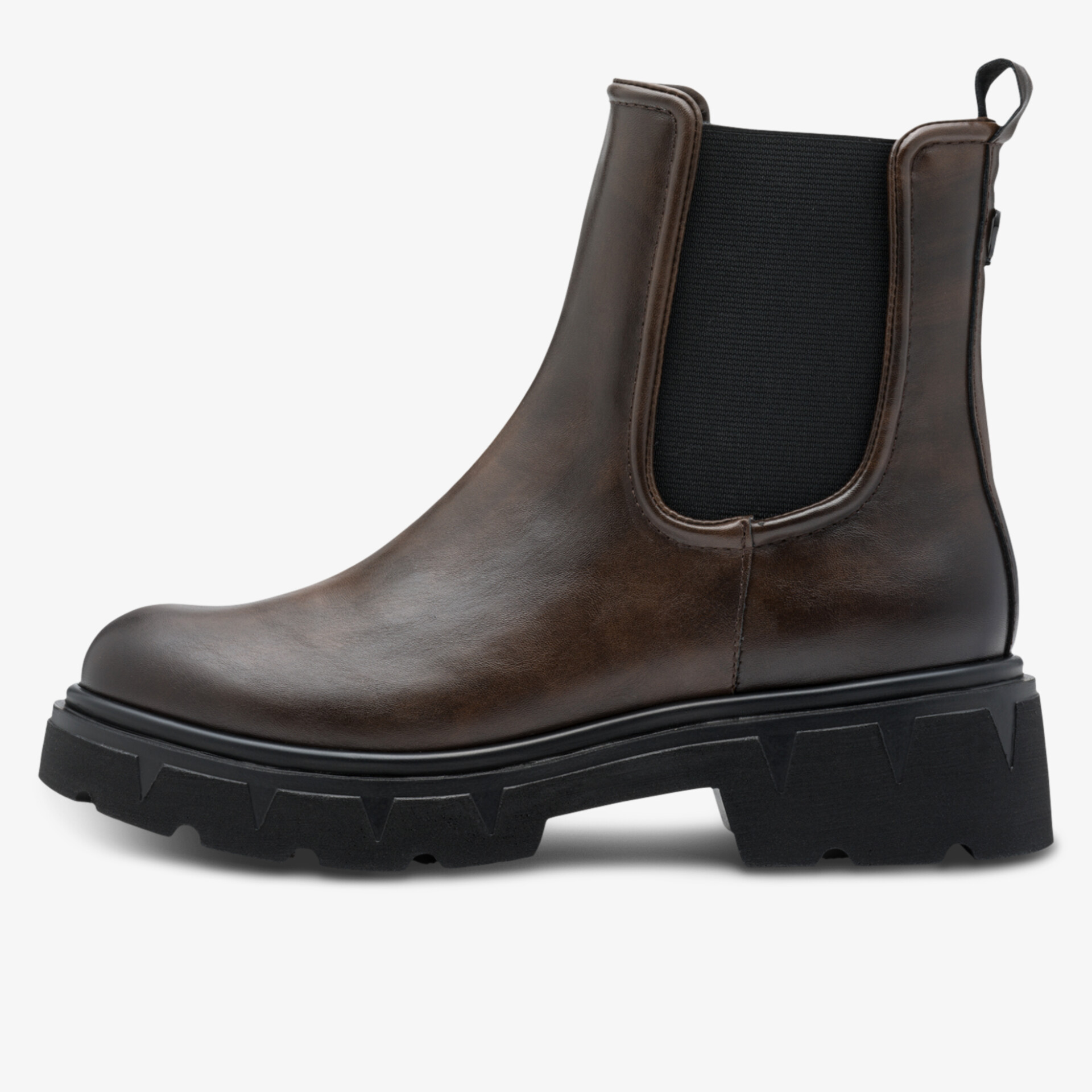 Seitliche Ansicht eines braunen Chelsea Boots mit elastischem Einsatz und stabilem Blockabsatz