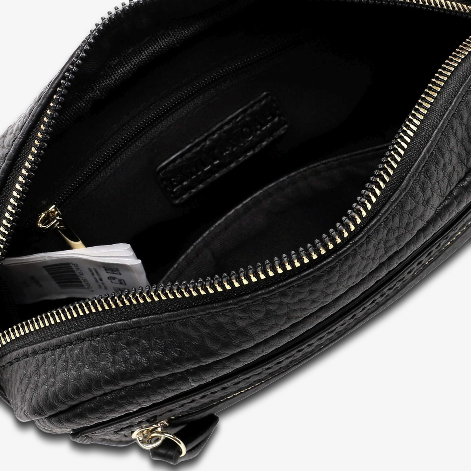 Schwarze kompakte Ledertasche mit strukturierter Oberfläche und hochwertigem goldfarbenem Reißverschluss