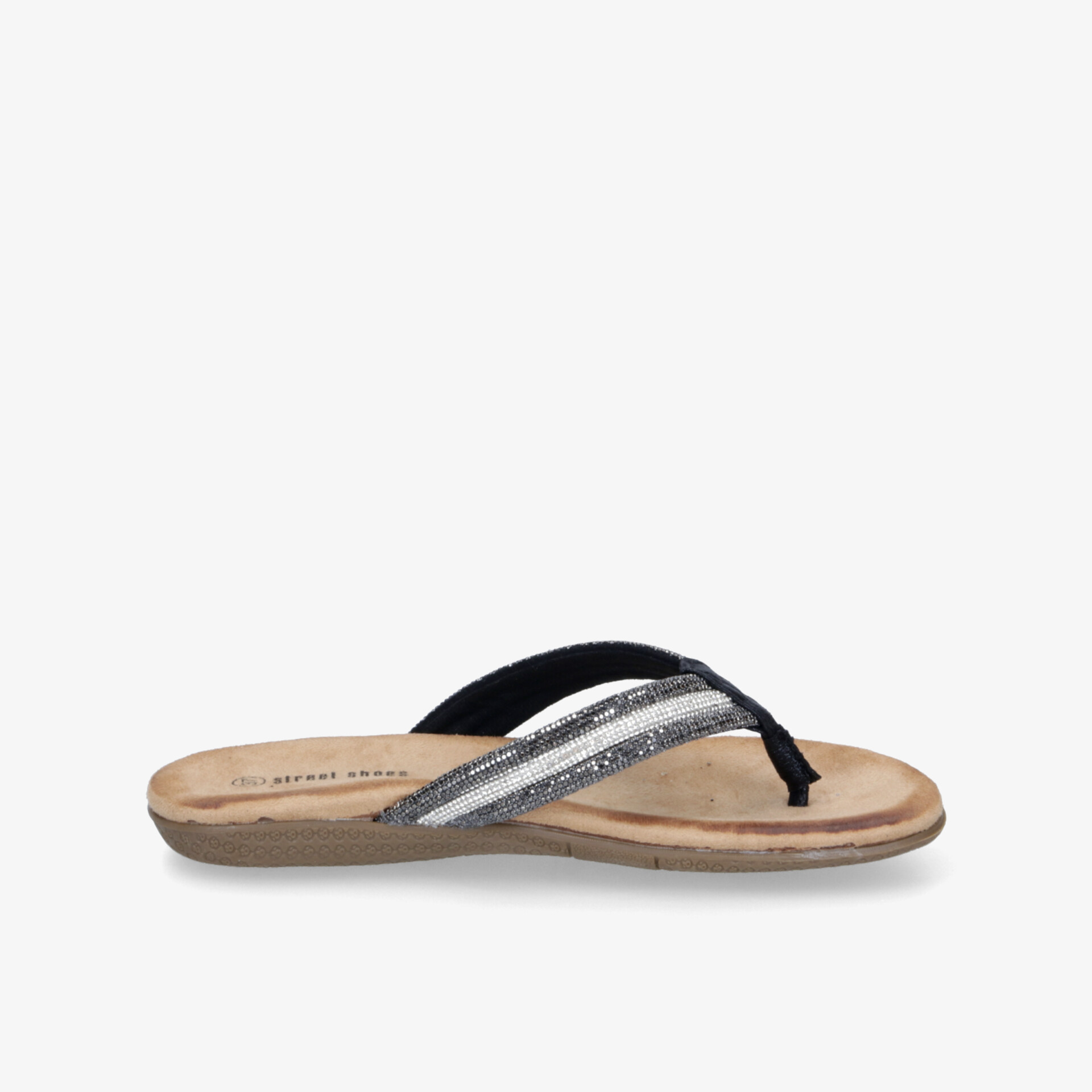 Bequeme schwarze und silberne Flipflop Sandale mit weicher Sohle und stylischem Design