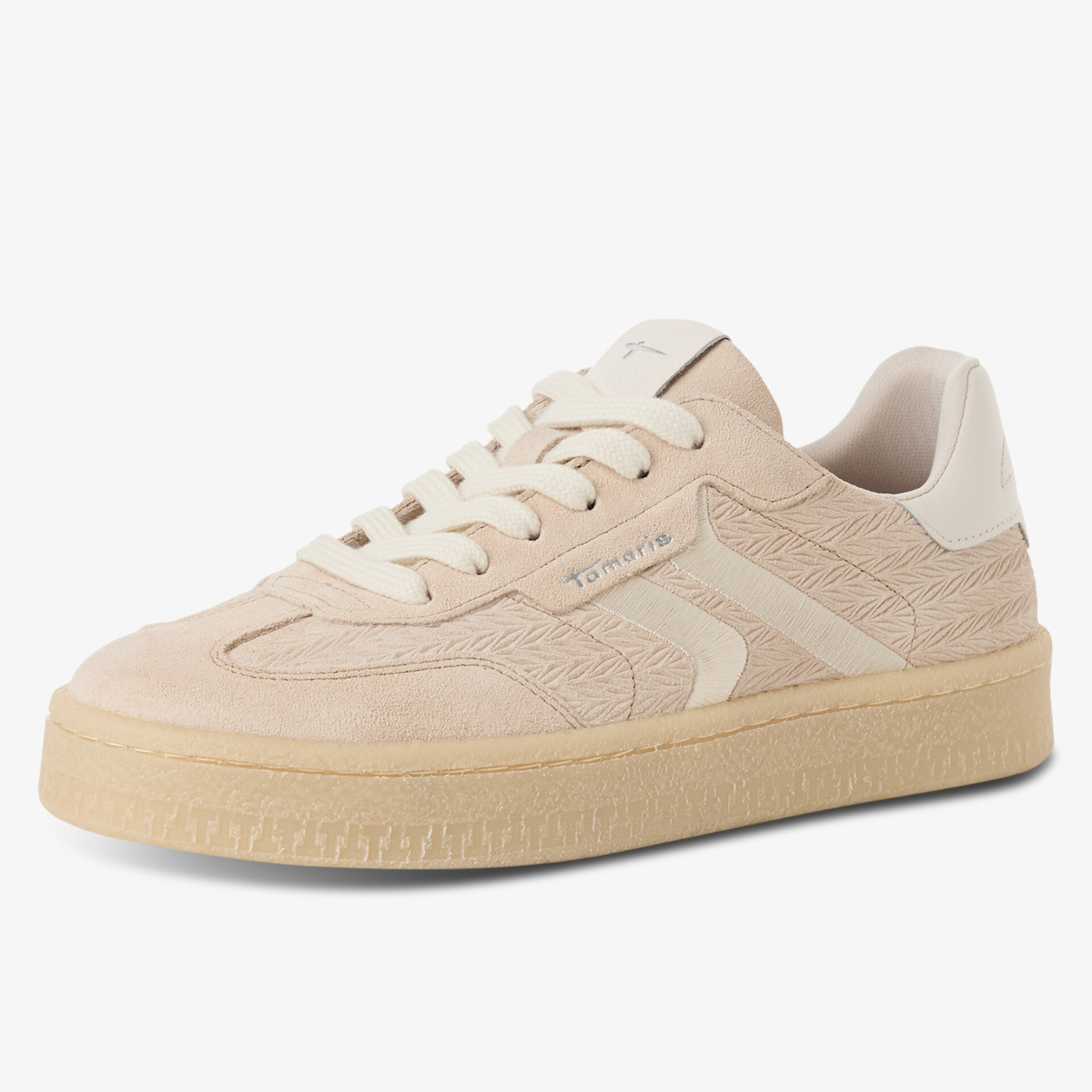 Beiger sportlicher Sneaker mit langlebiger Gummisohle und klassischer Schnürung, komfortabel und modisch