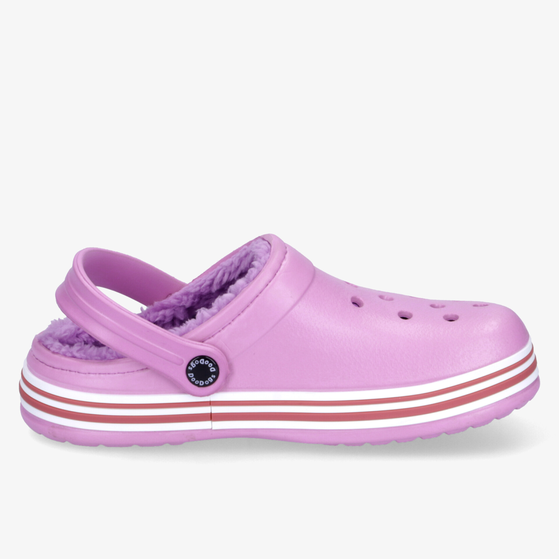 seitliche Ansicht eines leichten und komfortablen lila Schuhs mit Lüftungslöchern und rutschfestem Riemen