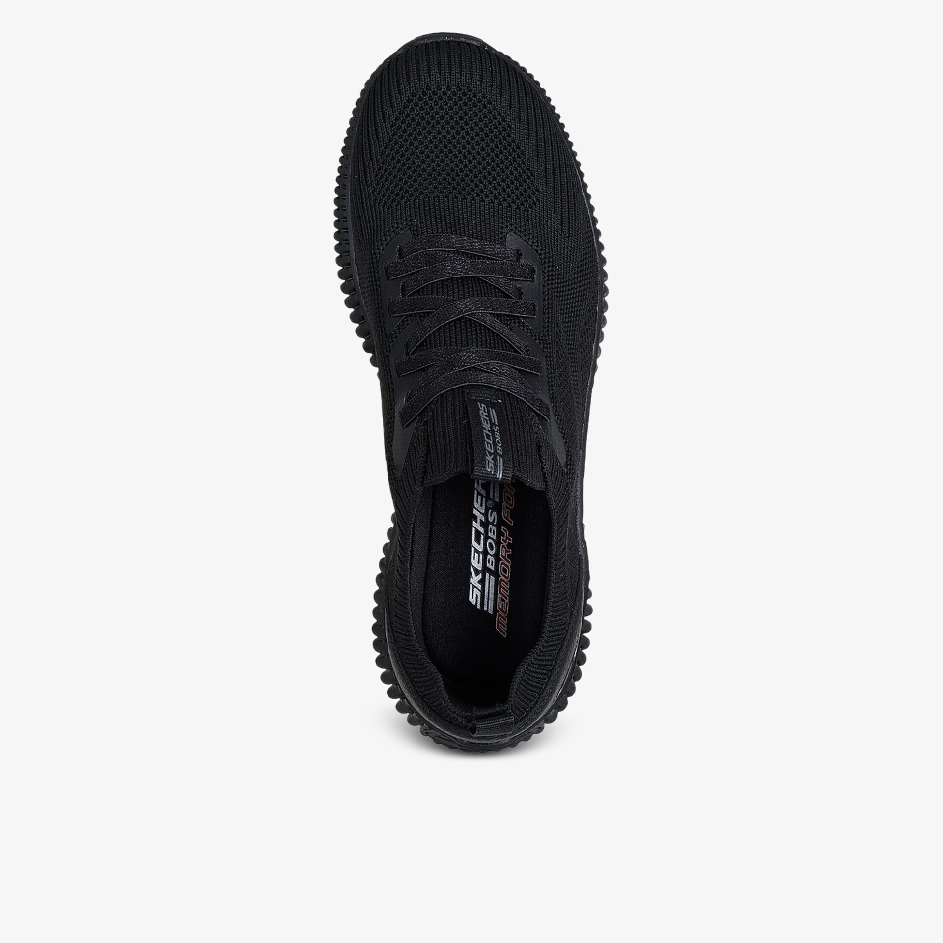 Schwarzer Sneaker mit rutschfester Sohle und atmungsaktivem Material in Vogelperspektive.