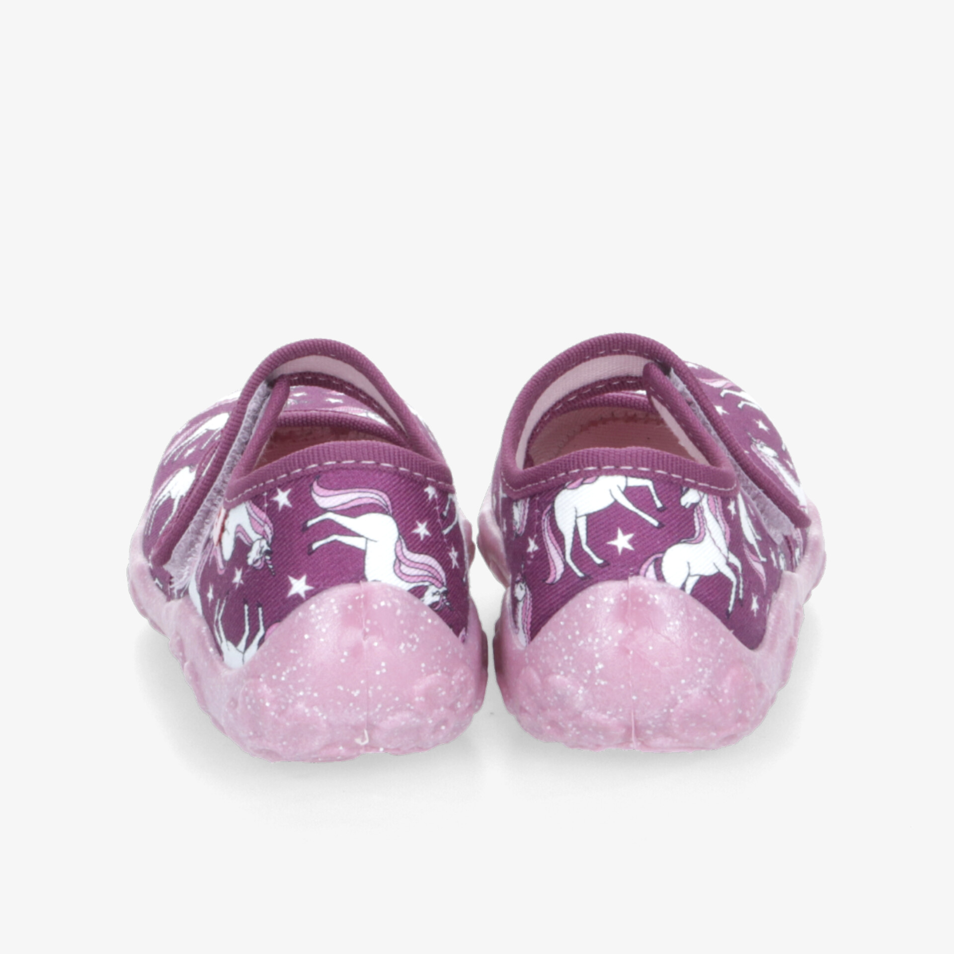 Leichte Schuhe mit bequemen Tragekomfort, elastischem Material und attraktivem Einhorn-Muster, rutschfeste Sohlen sichtbar