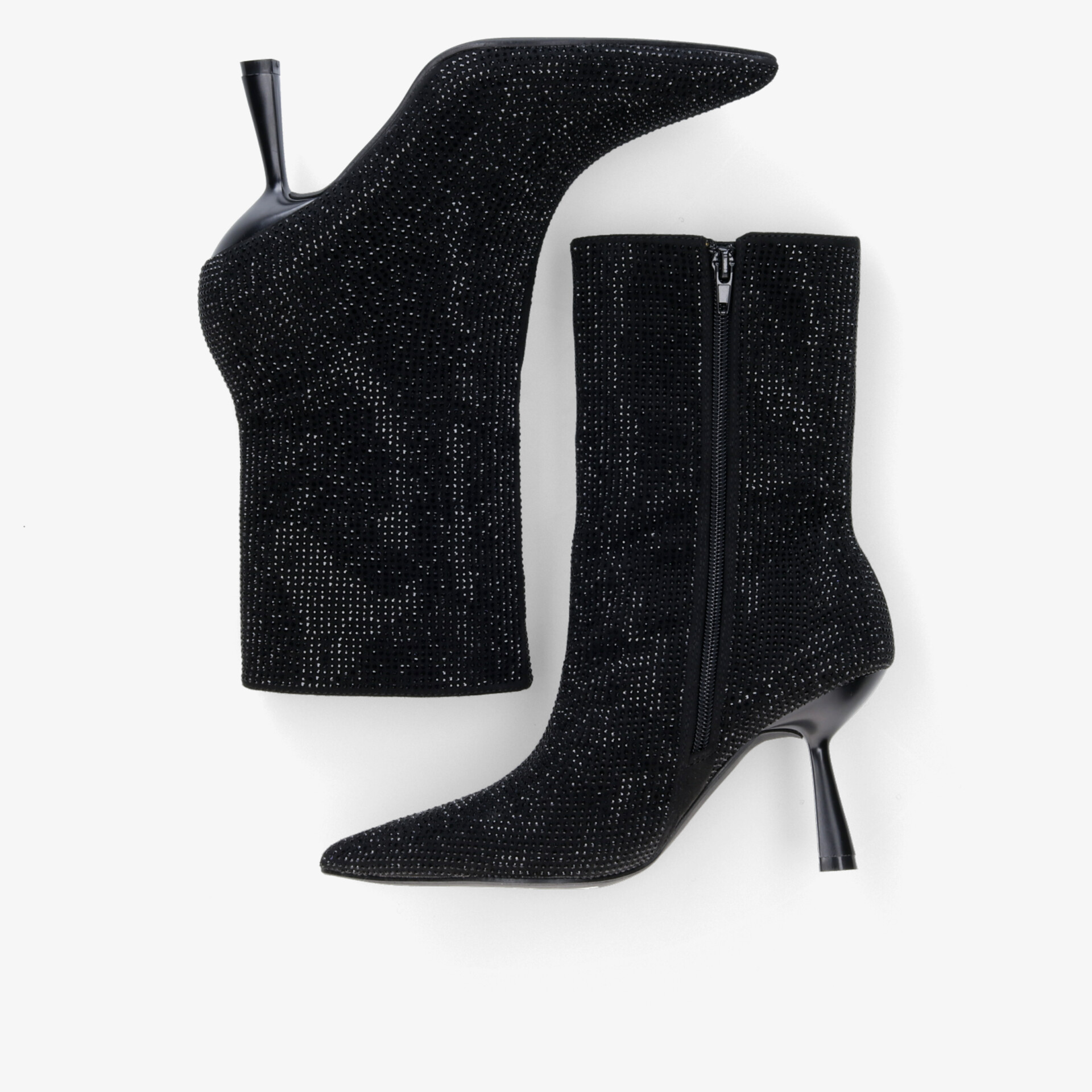 Elegante schwarze Stiefeletten mit hohem Absatz, Reißverschluss und glitzerndem Design.