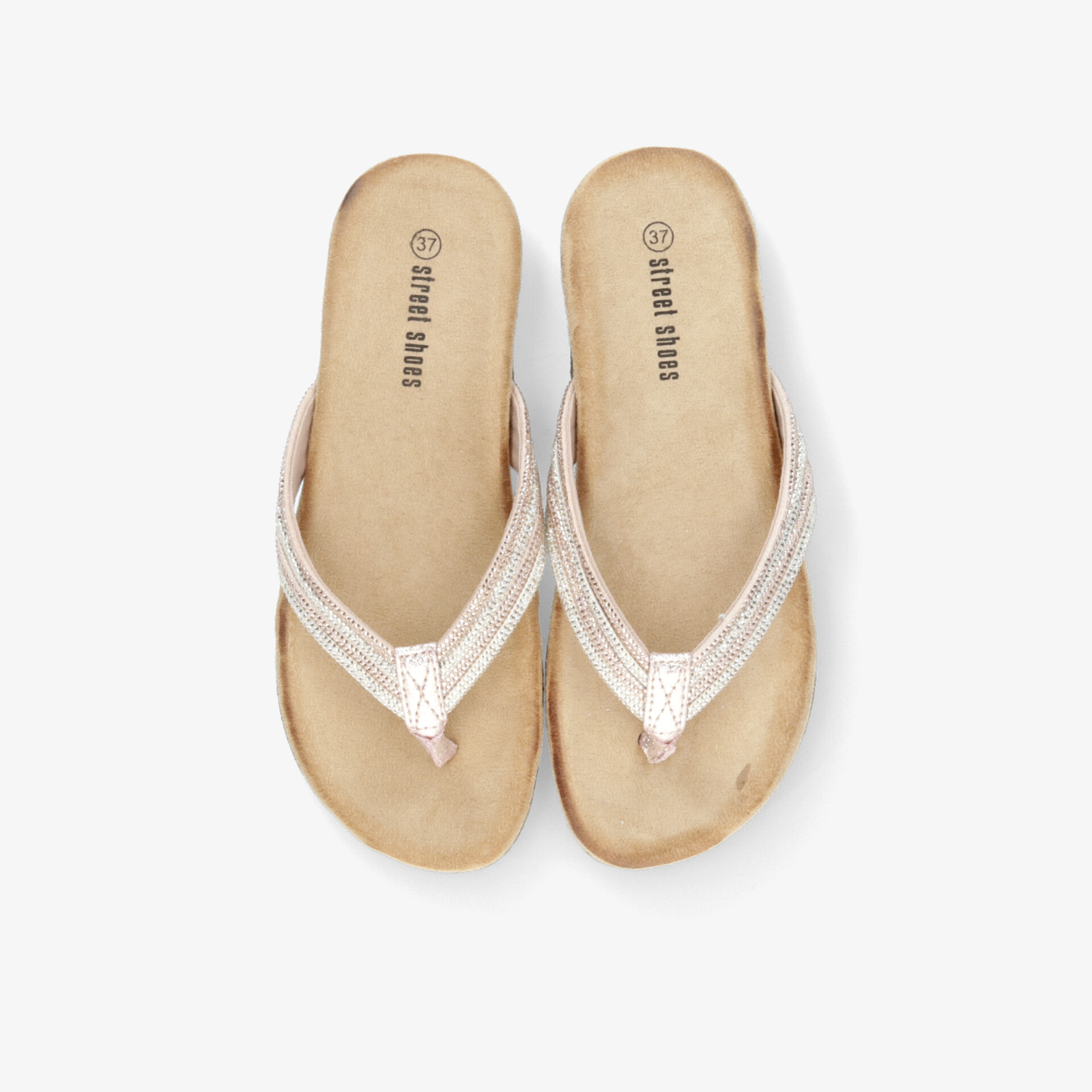 Bequemes Paar beige Flipflops mit offenem Zehenbereich, leicht und sommerlich, ideale Freizeit-Sandalen