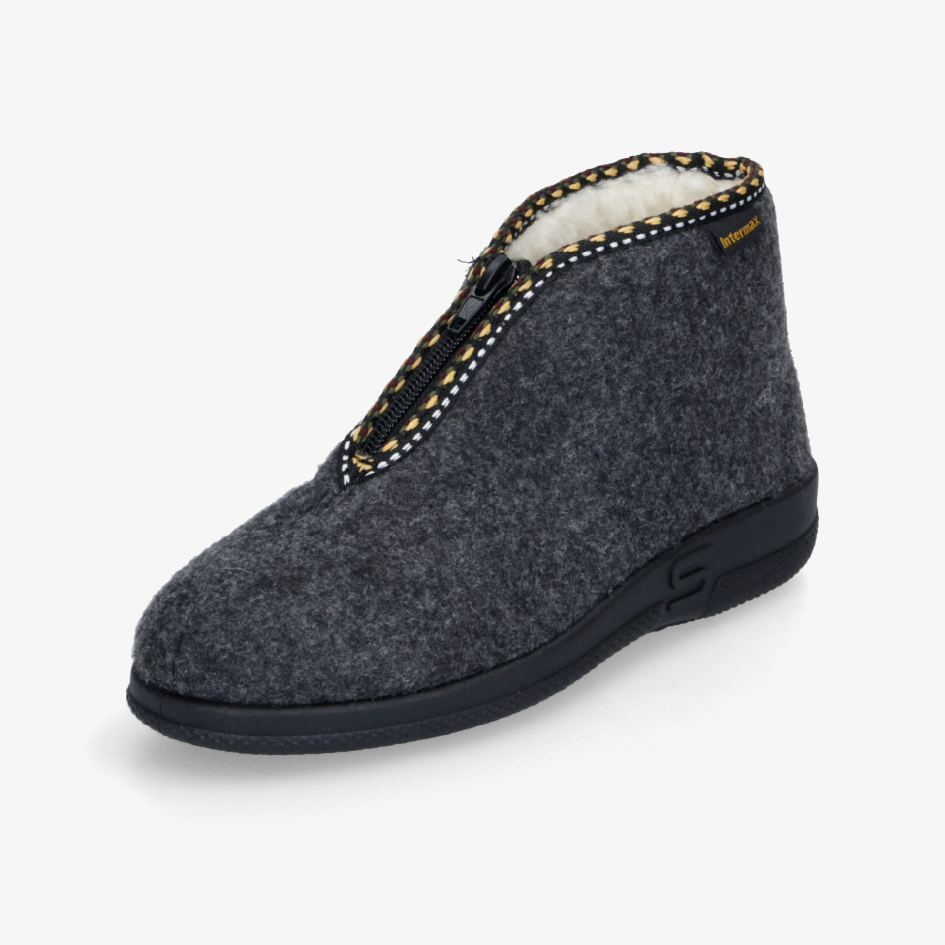 Bequemer grauer Hausschuh aus Filz mit weicher Innensohle und rutschfester Laufsohle für angenehmen Tragekomfort