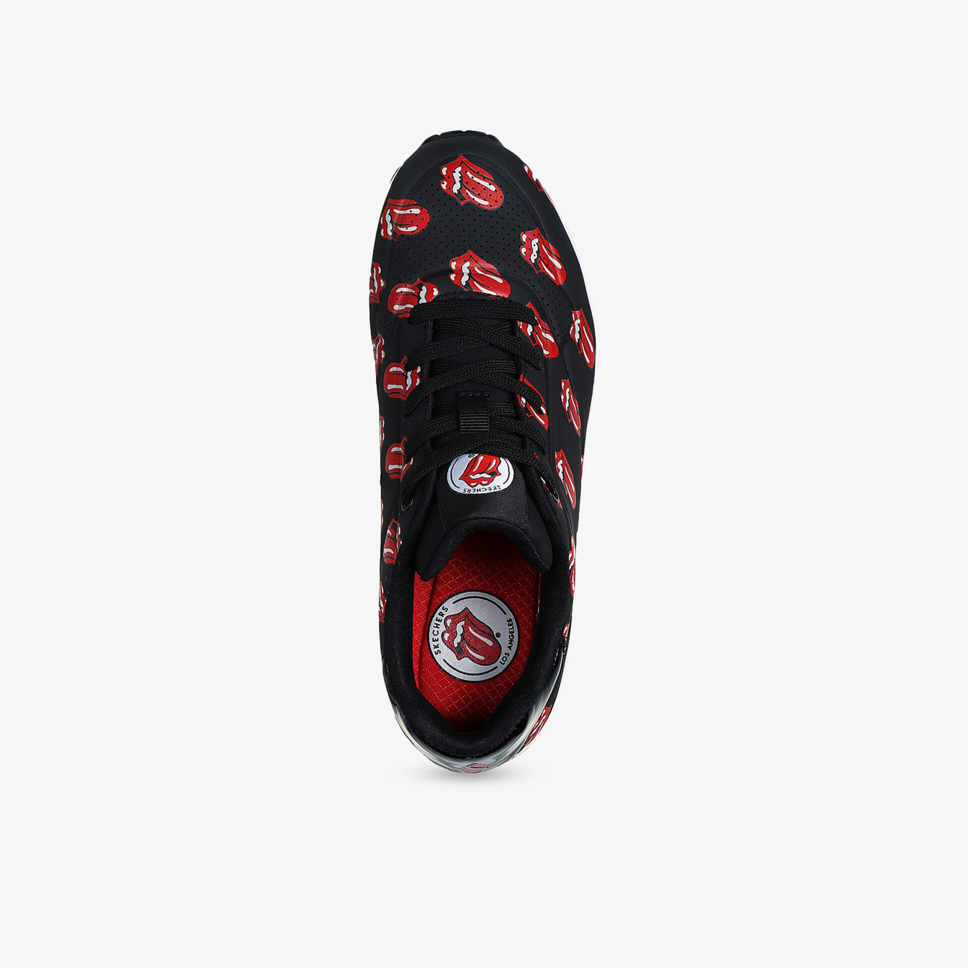 Schwarzer Schuh mit rotem Lippenmuster, bequem, robust und mit praktischem Schnürdesign in Draufsicht
