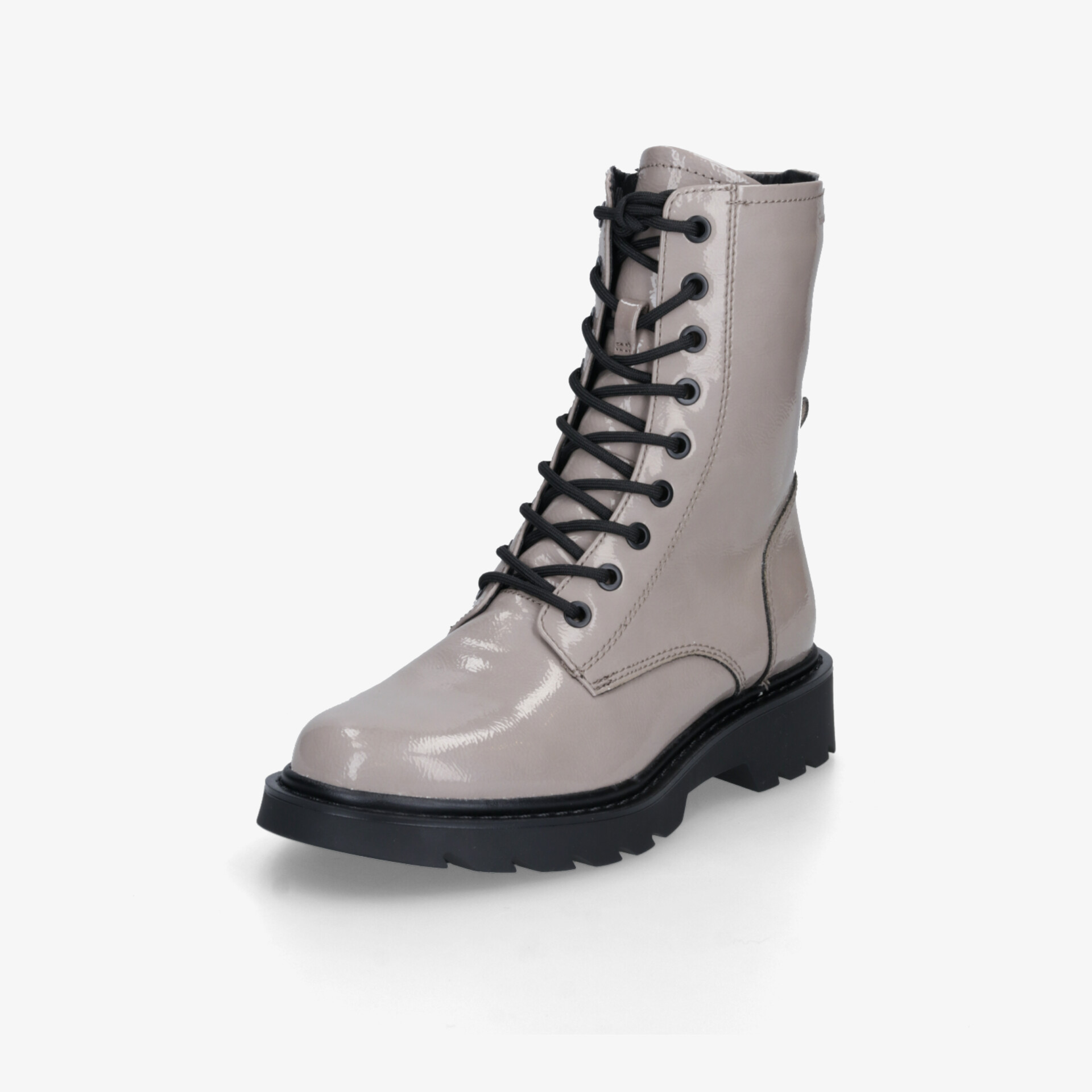 Vegetabil gegerbter Stiefel mit glänzendem Obermaterial, robuster Schnürung, profilierter Sohle und hohem Schaft