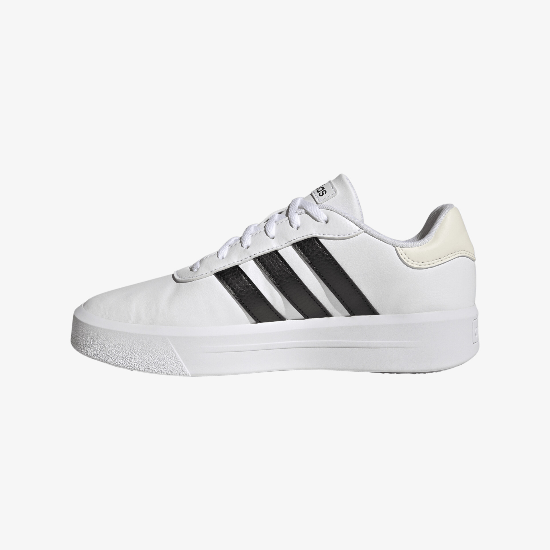 Moderner weißer Sneaker mit schwarzen Streifen, ideal für urbanen Stil und Komfort.