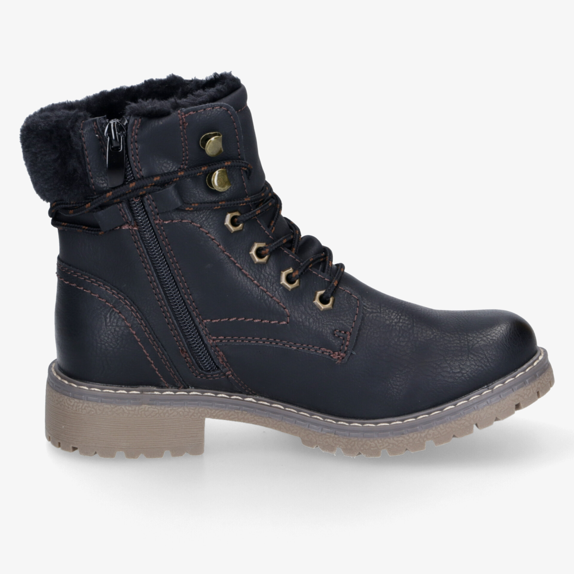 Seitliche Ansicht eines robusten schwarzen Winterstiefels mit warmem Futter und praktischem Reißverschluss