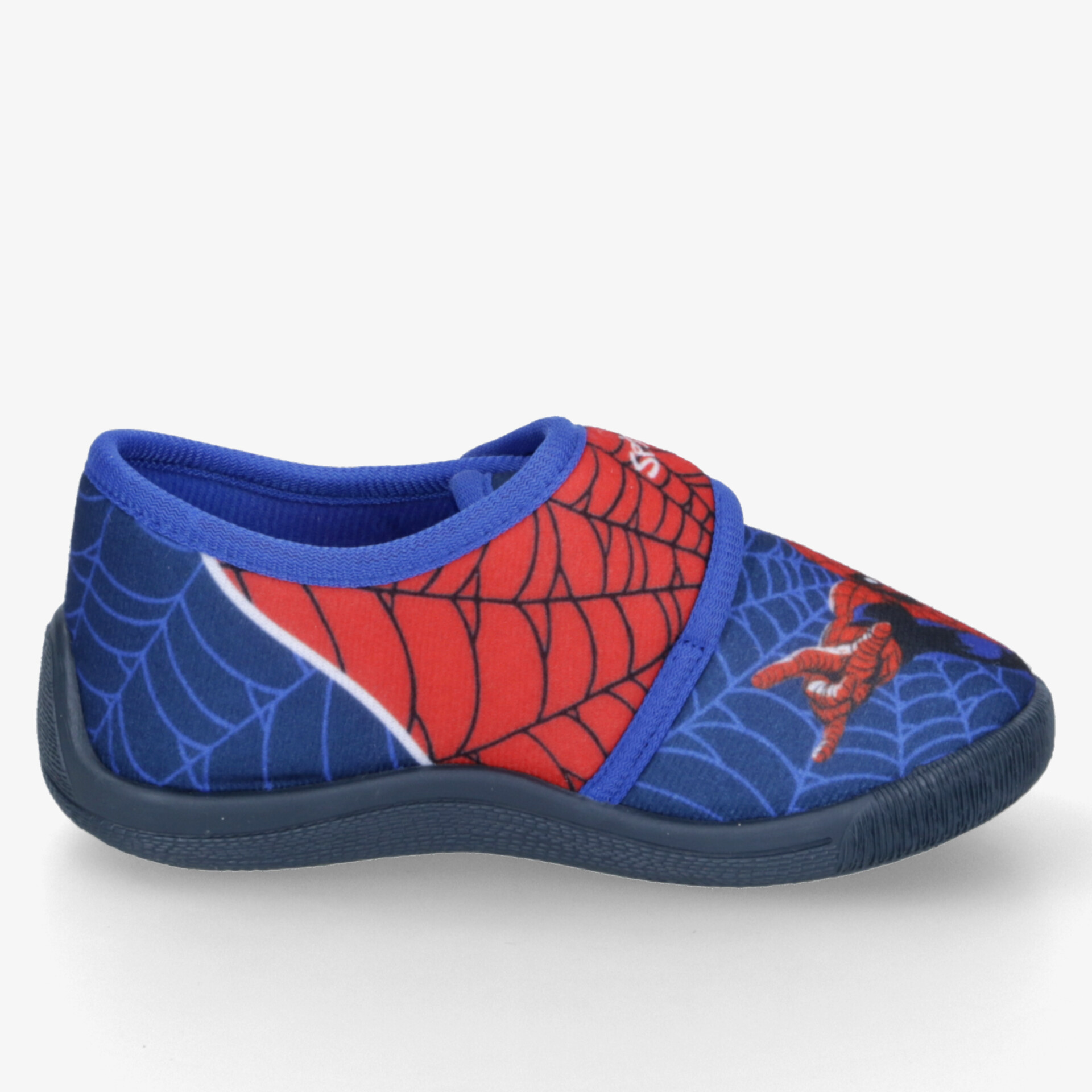 Bequemer Kinderhausschuh mit Spiderman Motiv in Blau und Rot, rutschfeste Sohle und weiches Material für sicheren Halt