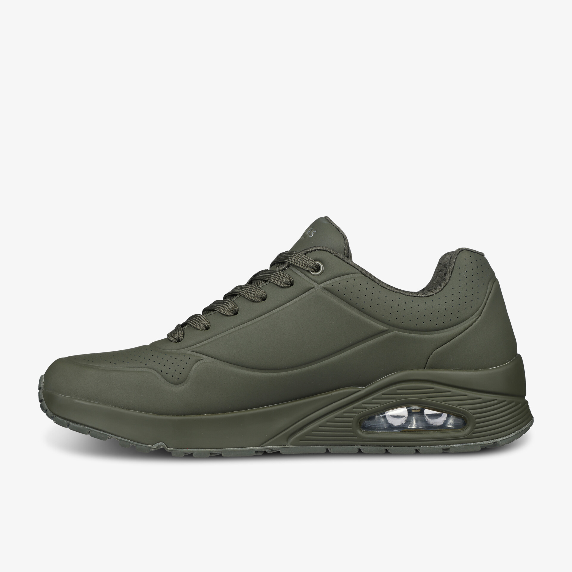 Moderner, olivgrüner Sneaker mit sichtbarer Luftpolstersohle und schnittigem Design für optimalen Komfort.