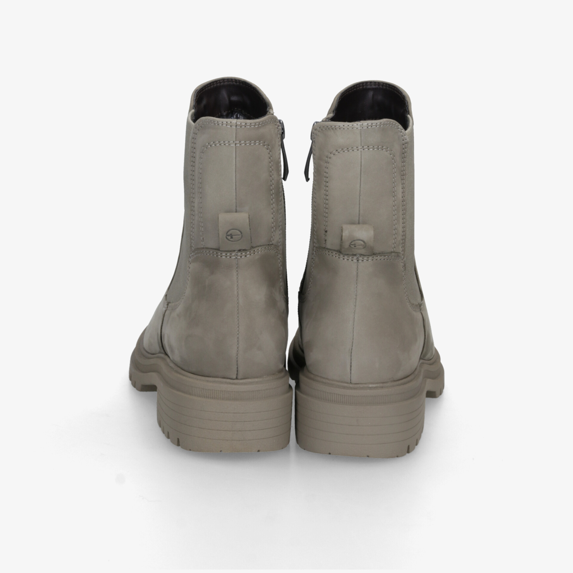 Graue robuste Stiefel mit Reißverschluss und stabiler rutschfester Sohle, rückseitige Ansicht