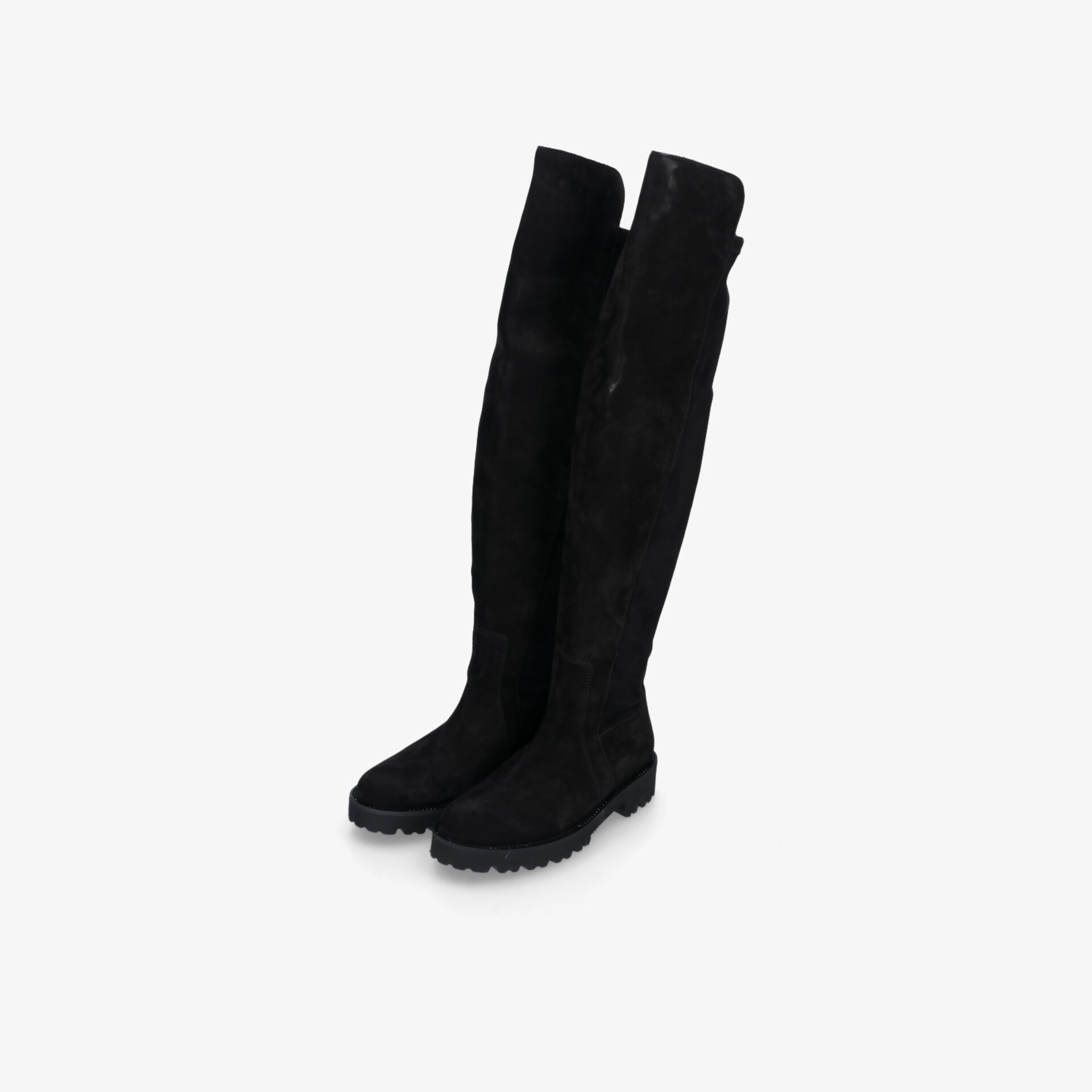 Elegante schwarze Overknee Stiefel mit robustem Absatz in gerader Frontansicht, glattes stylisches Design