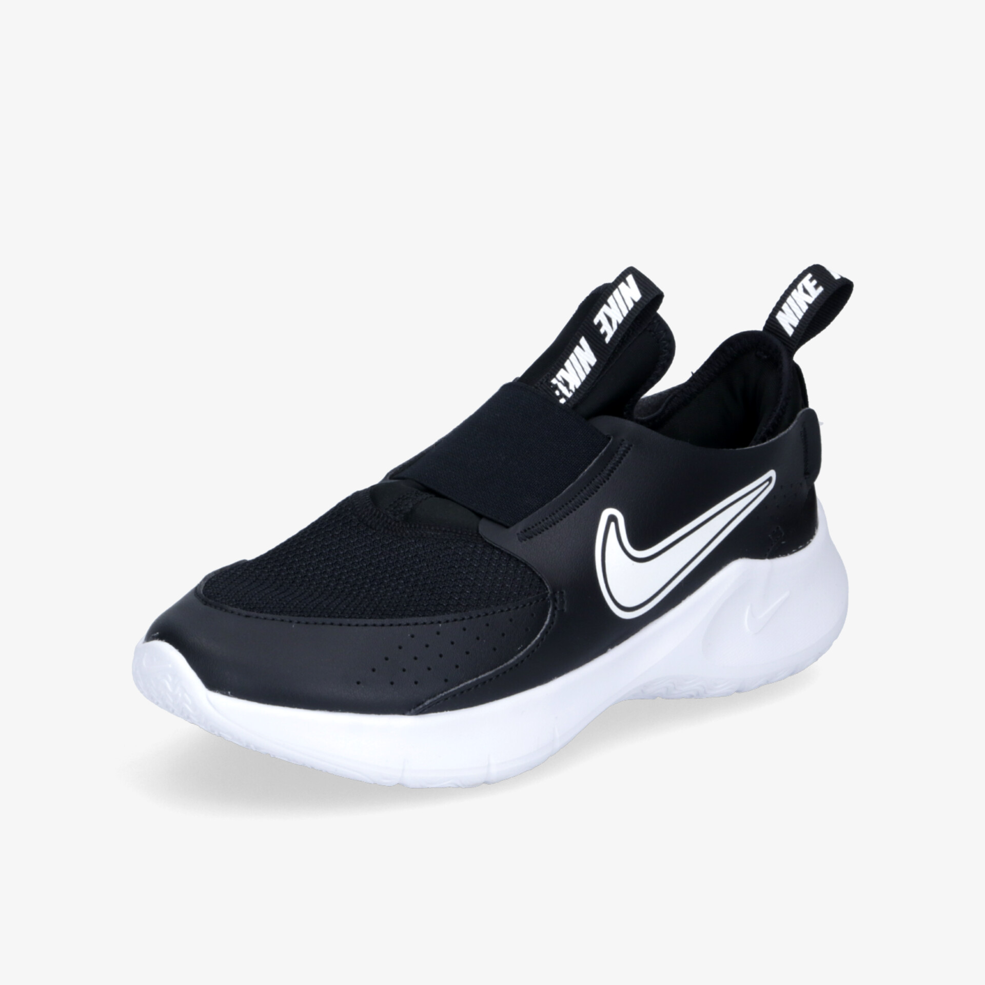 Schwarzer Sportschuh mit weißer Sohle und großem weißen Logo, atmungsaktiv und leicht