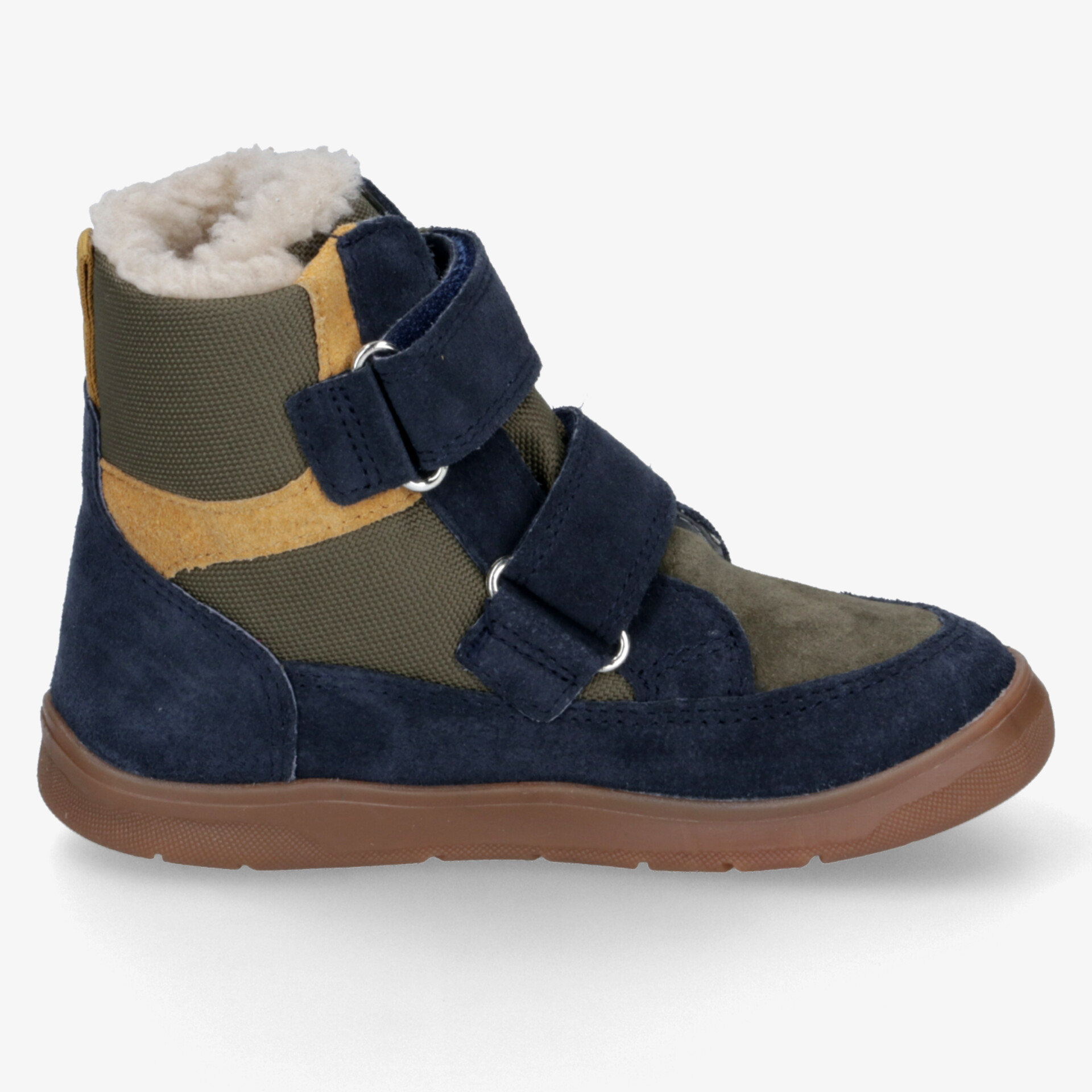 robuster Winterstiefel seitlich in blau und grün mit warmem Innenfutter und flexiblen Klettverschlüssen