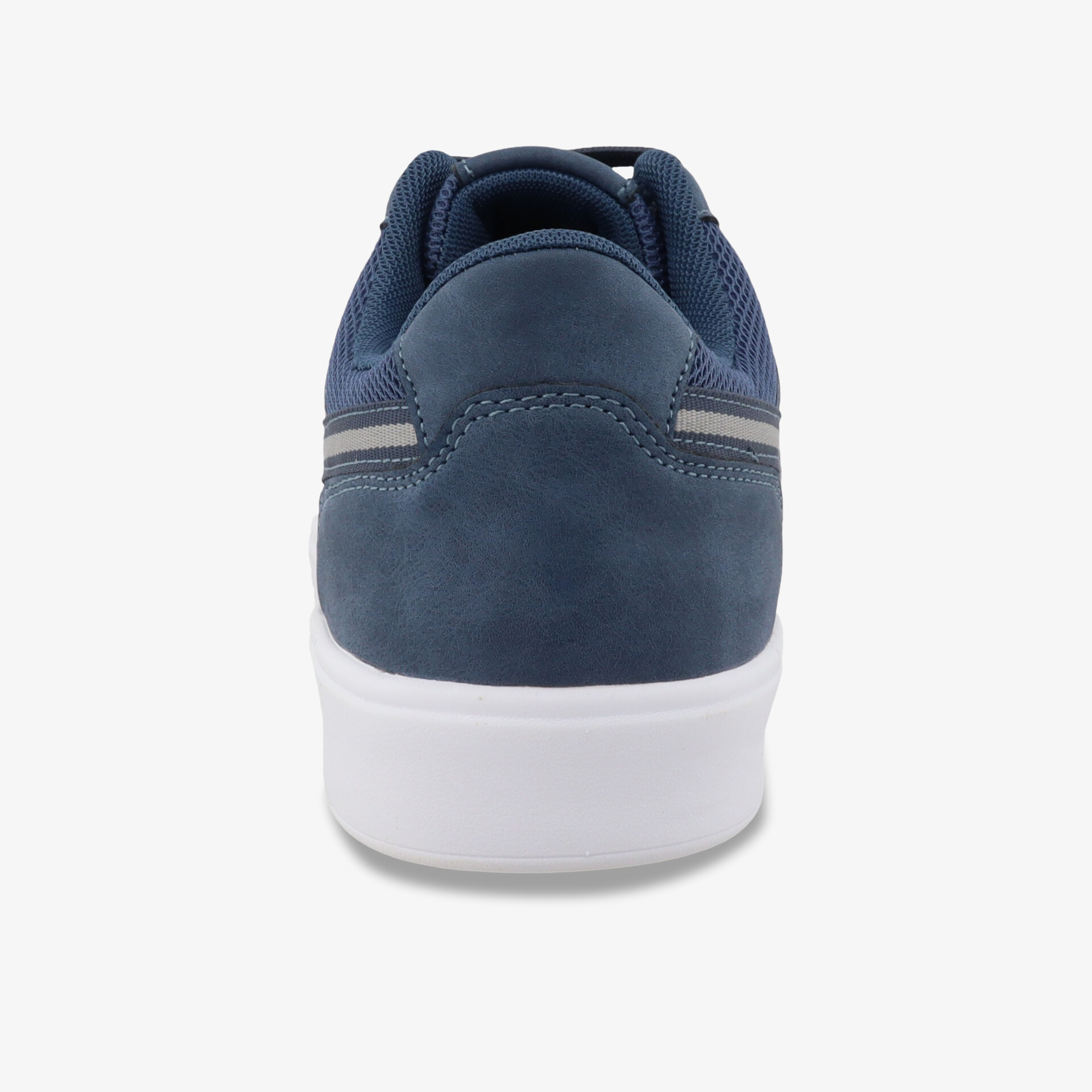 Blauer Sportschuh mit weißer Sohle, gepolstertem Schaft und rutschfester Laufsohle, Ansicht von hinten