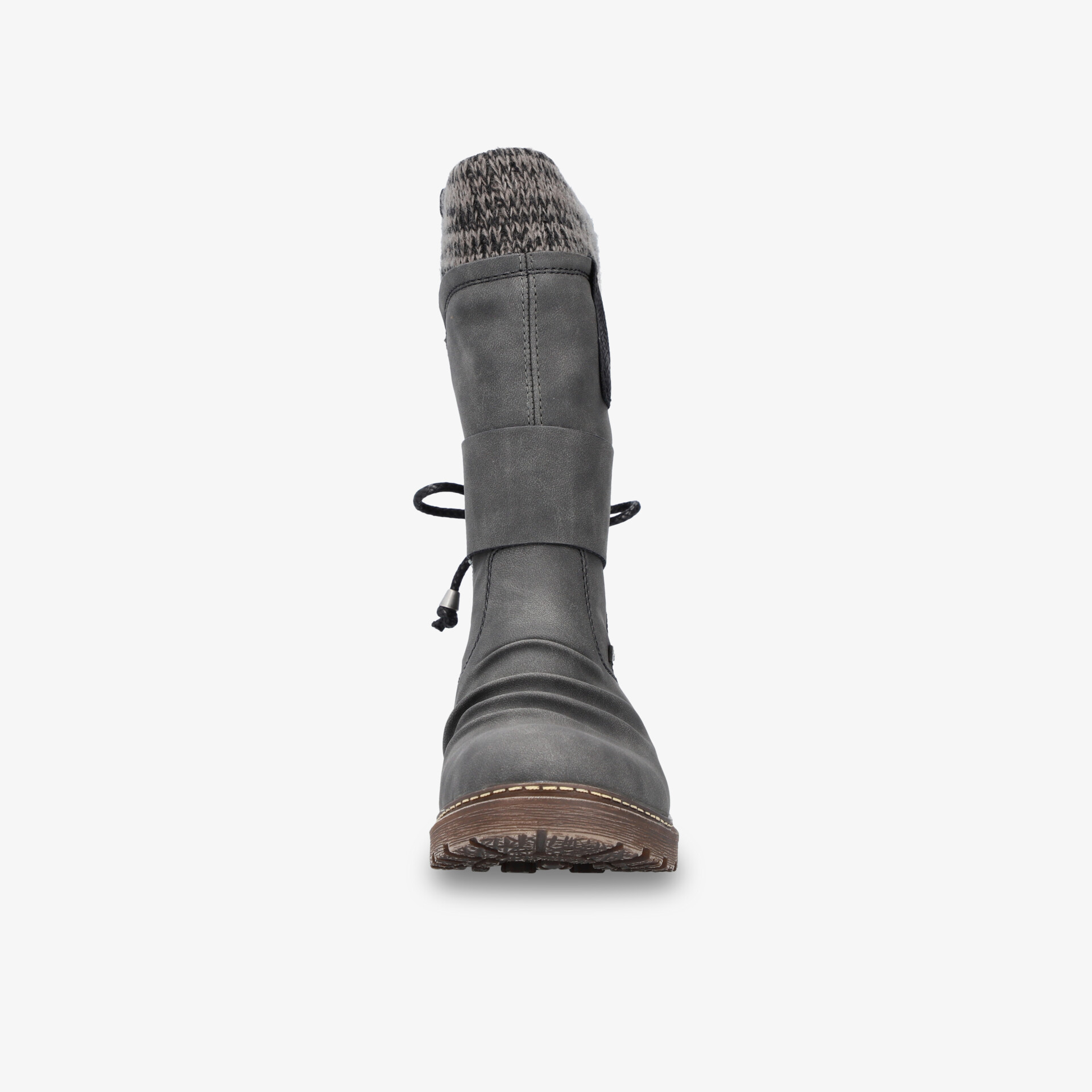 Robuster schwarzer Stiefel mit hohem Schaft und komfortabler Schnürung in Frontansicht