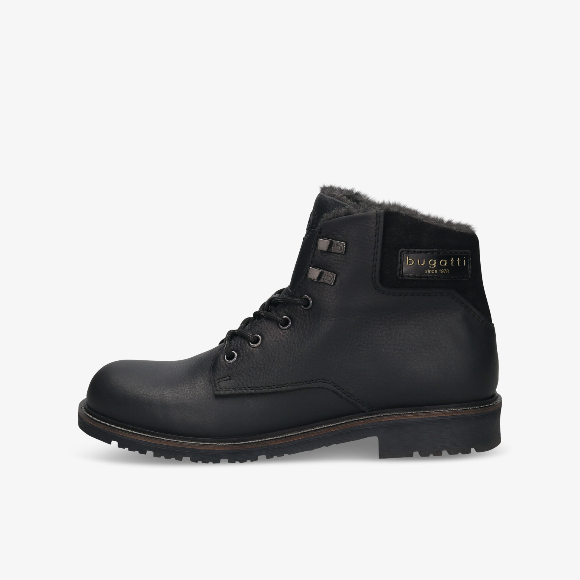 Robuster schwarzer Winterstiefel mit warmem Innenfutter und rutschfester Sohle, seitliche Ansicht