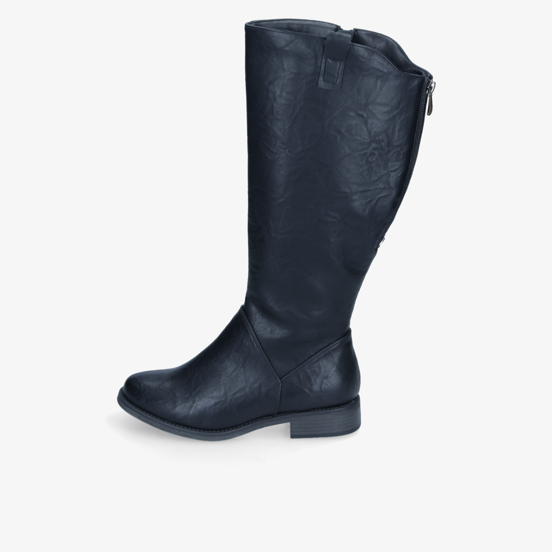 Hoher schwarzer Stiefel mit glatter Oberfläche, seitlichem Reißverschluss und flachem Absatz für bequemen Halt