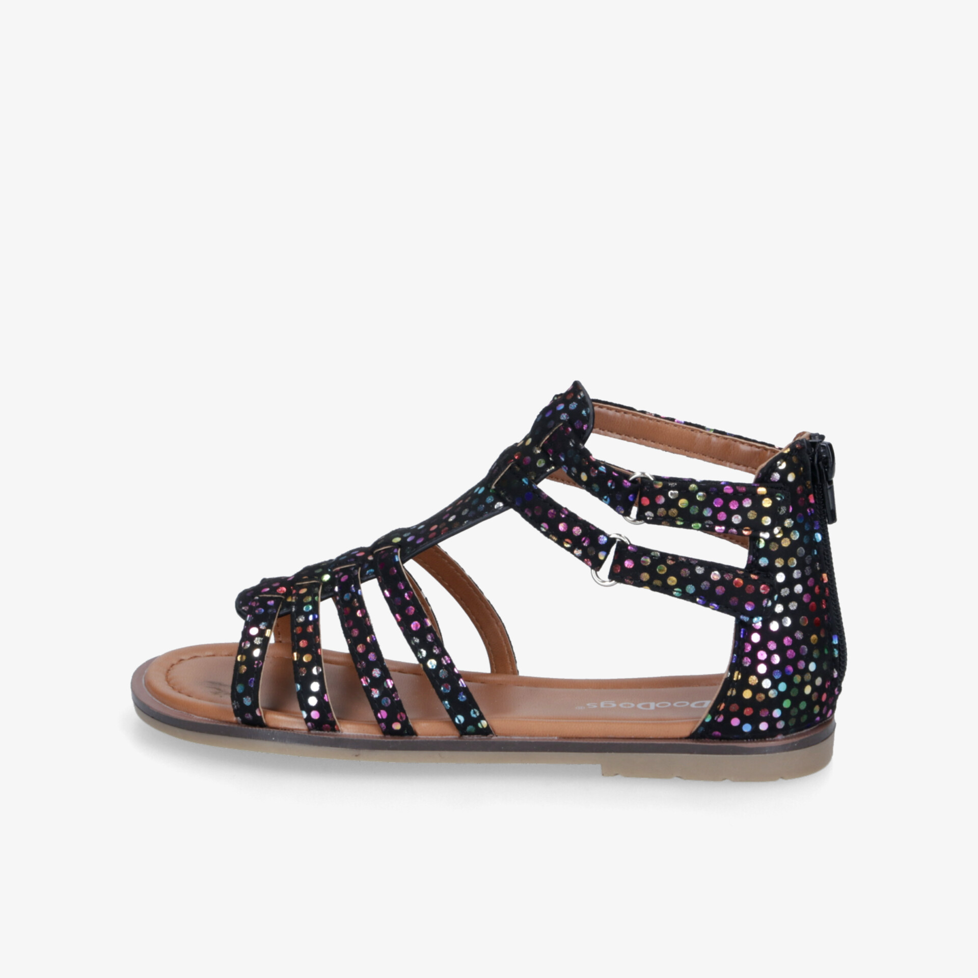 Seitliche Ansicht einer flachen Sandale mit funkelnden Glitzerelementen und bequemem Riemchendesign