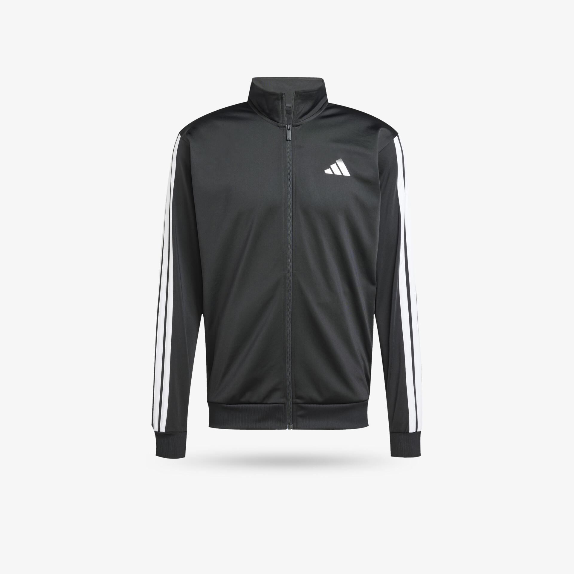 Schwarze Sportjacke mit weißem Adidas-Logo und Reißverschluss, komfortabel und leicht, vorne sichtbar