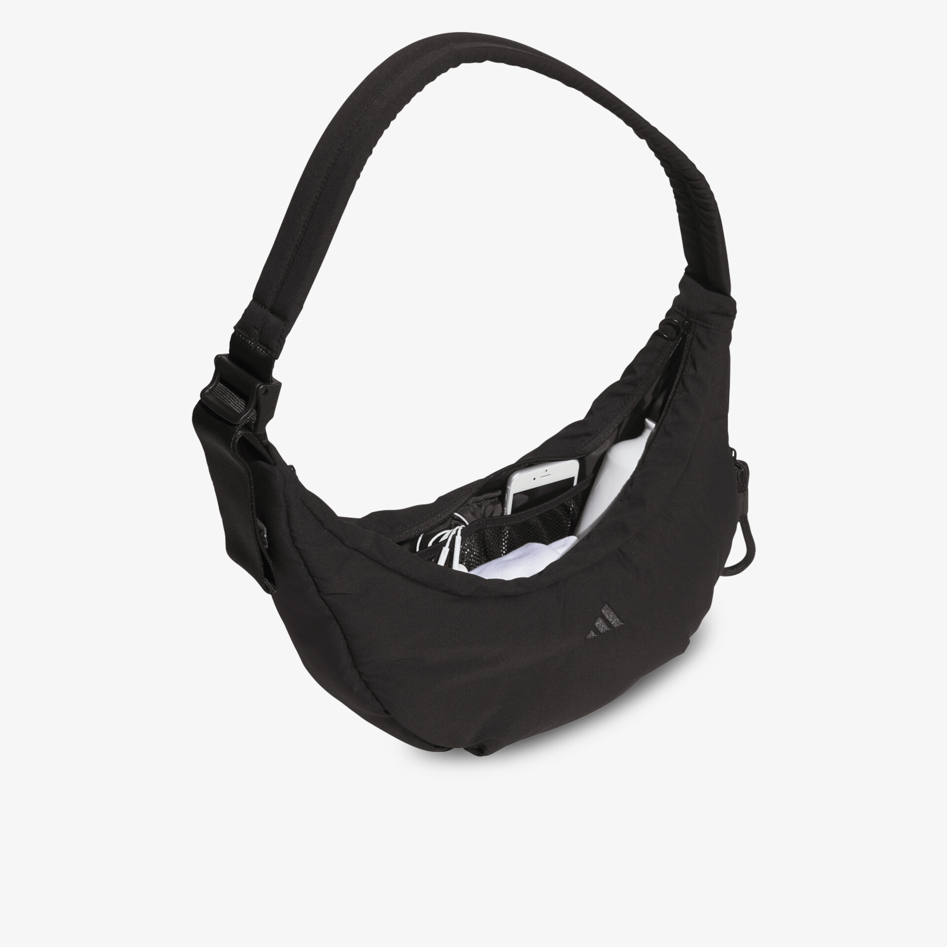 Schwarze kompakte Umhängetasche mit verstellbarem Gurt und praktischem Stauraum