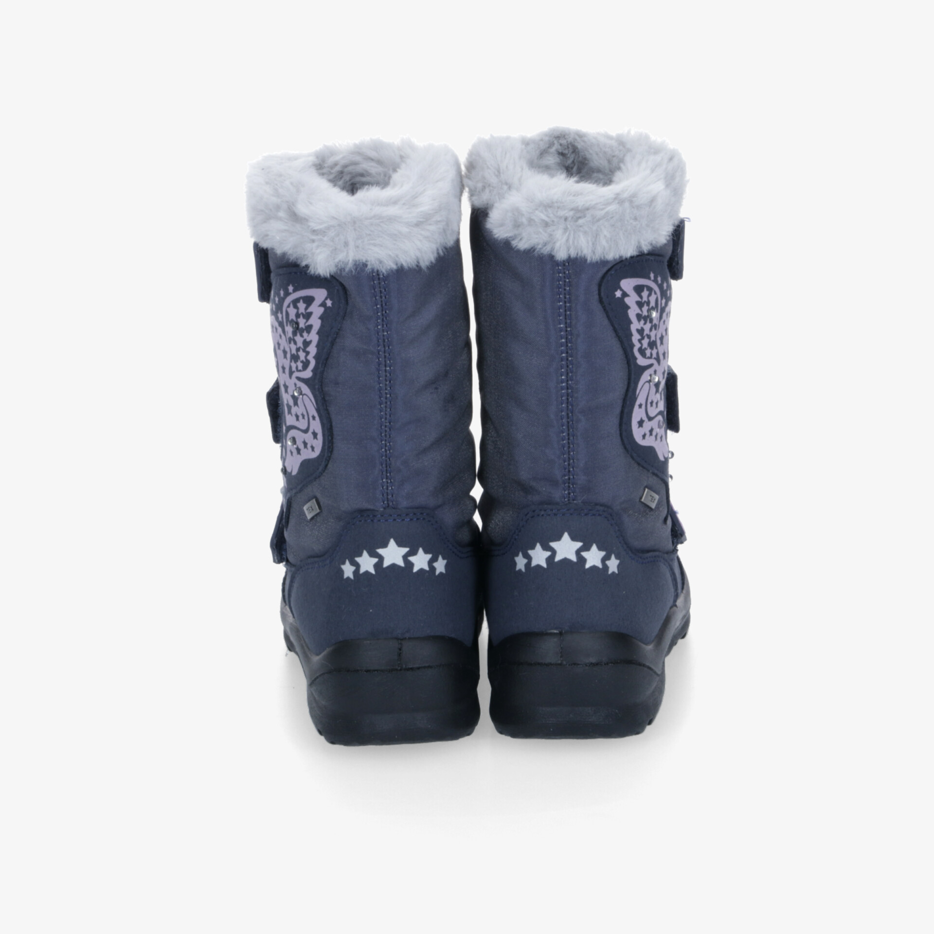 Warme Winterstiefel mit weichem Fell, robuster Sohle und dekorativen Stern- sowie Schmetterlingsmotiven hinten