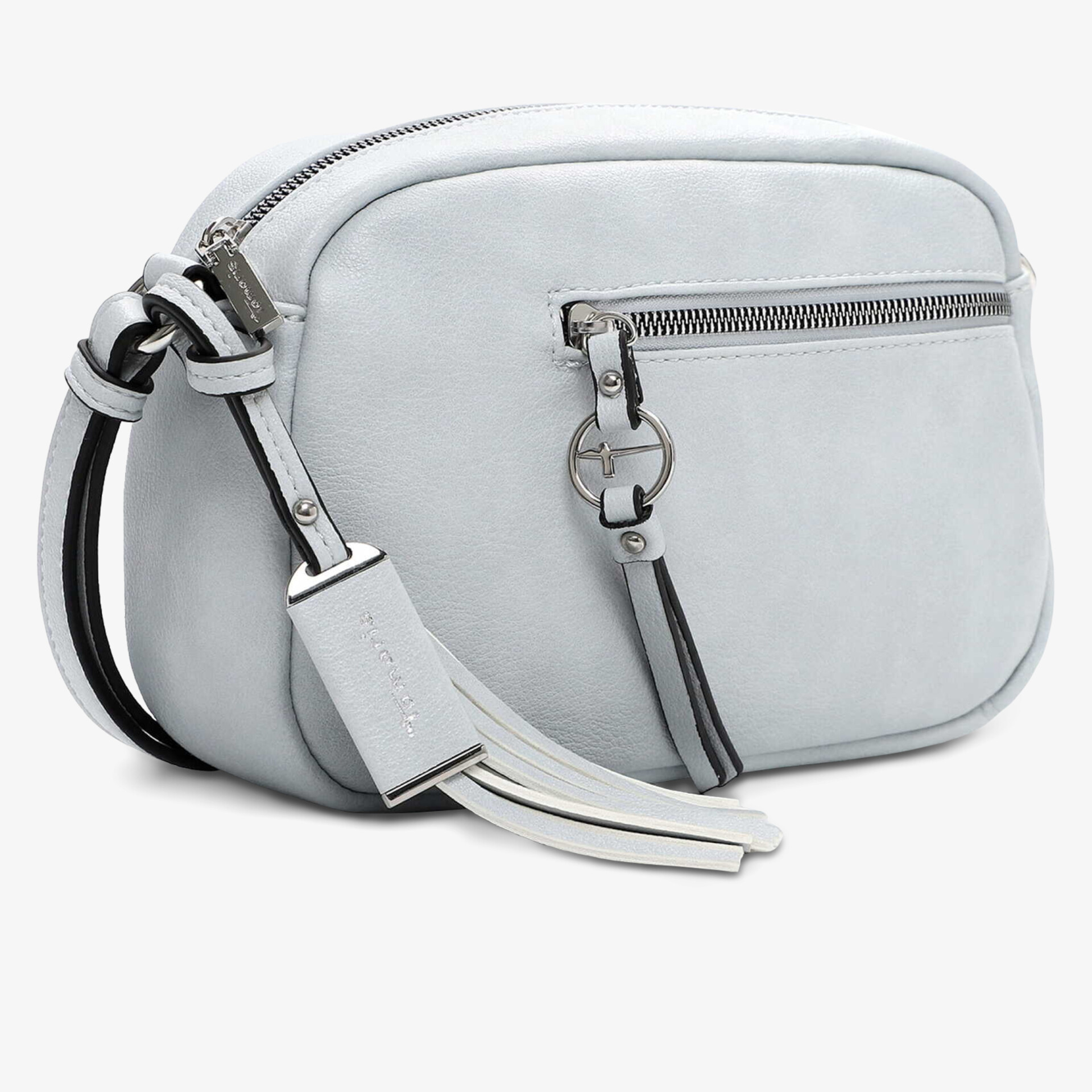 Kleine graue Umhängetasche mit Reißverschluss und dekorativer Quaste, modernes minimalistisches Design