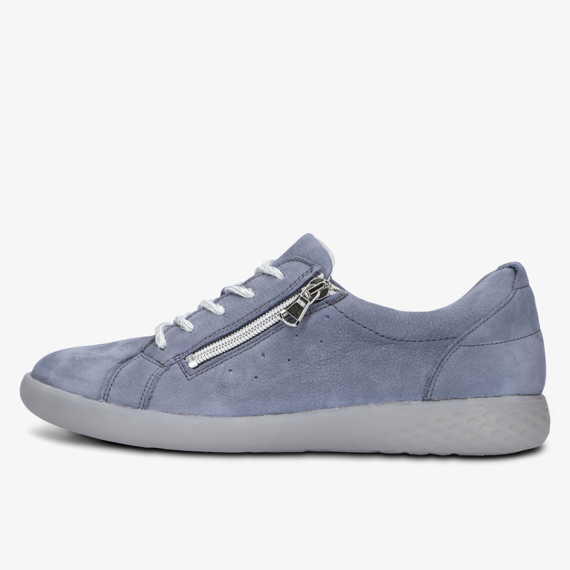 Moderner bequemer Schuh mit Reißverschluss in seitlicher Ansicht, weiches Material und rutschfeste Sohle