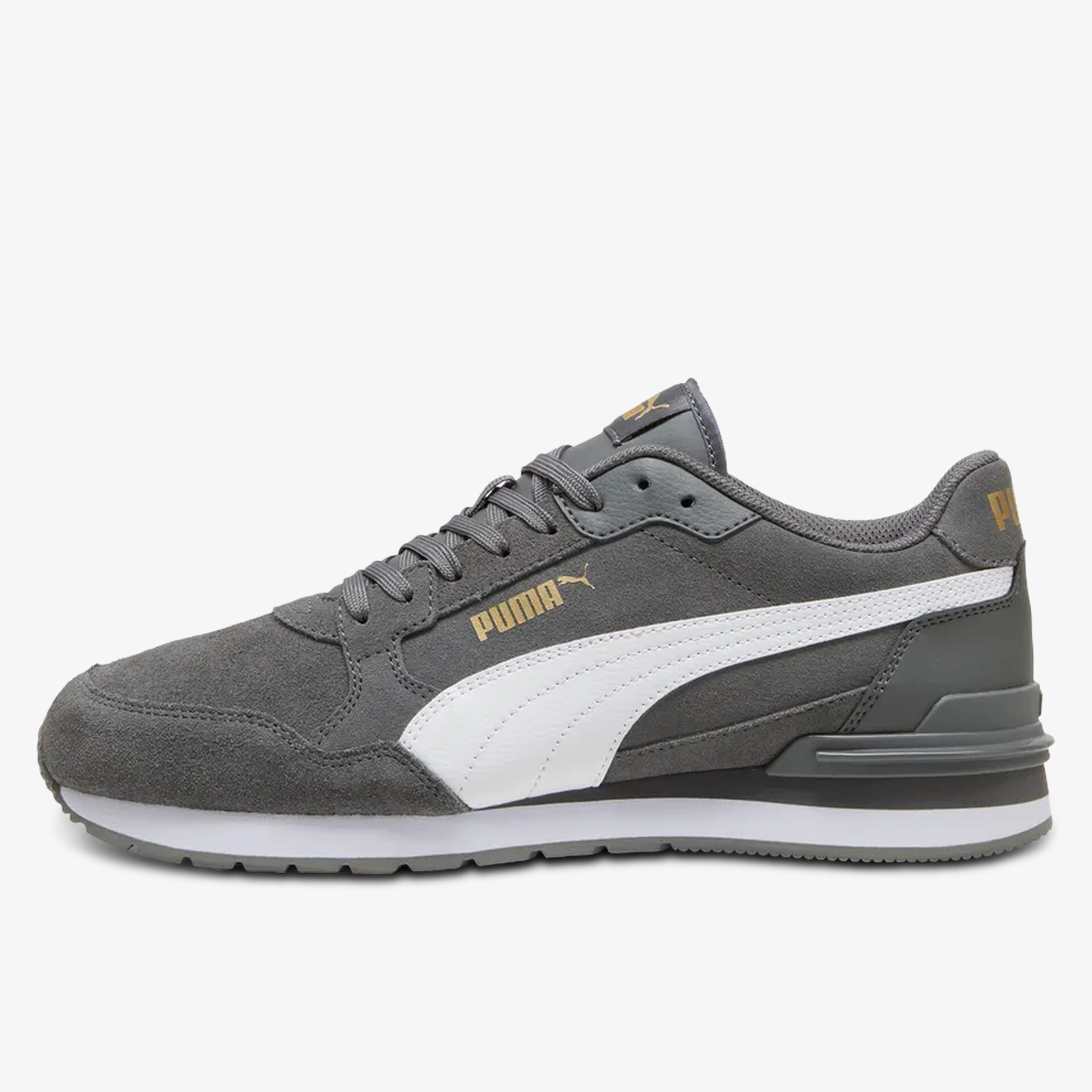 Seitliche Ansicht grauer PUMA Sneaker aus Wildleder mit komfortabler Sohle und markantem Logo