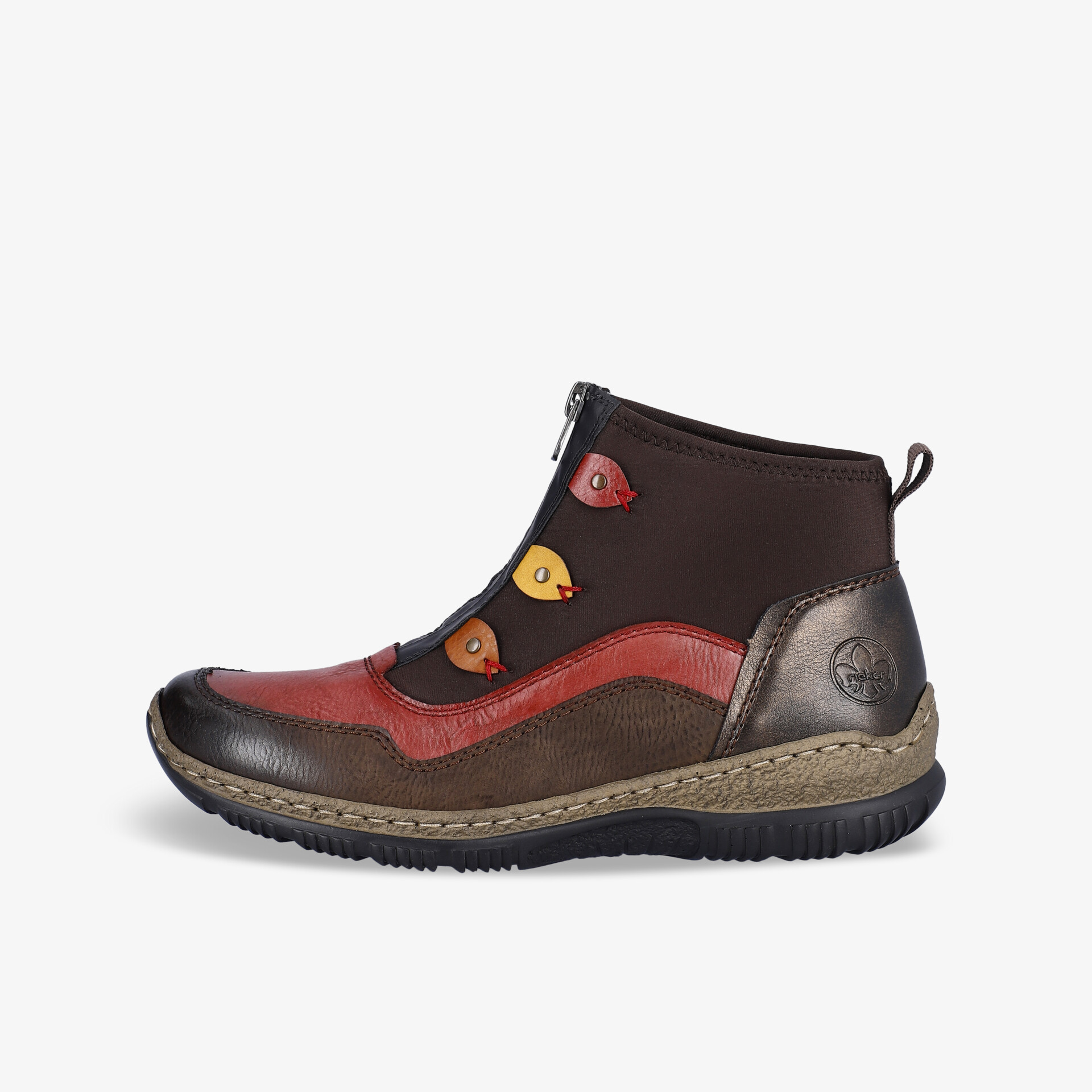 Seitlich abgebildeter bequemer Boot mit auffälligen bunten Knöpfen und robuster Sohle für Alltag und Komfort