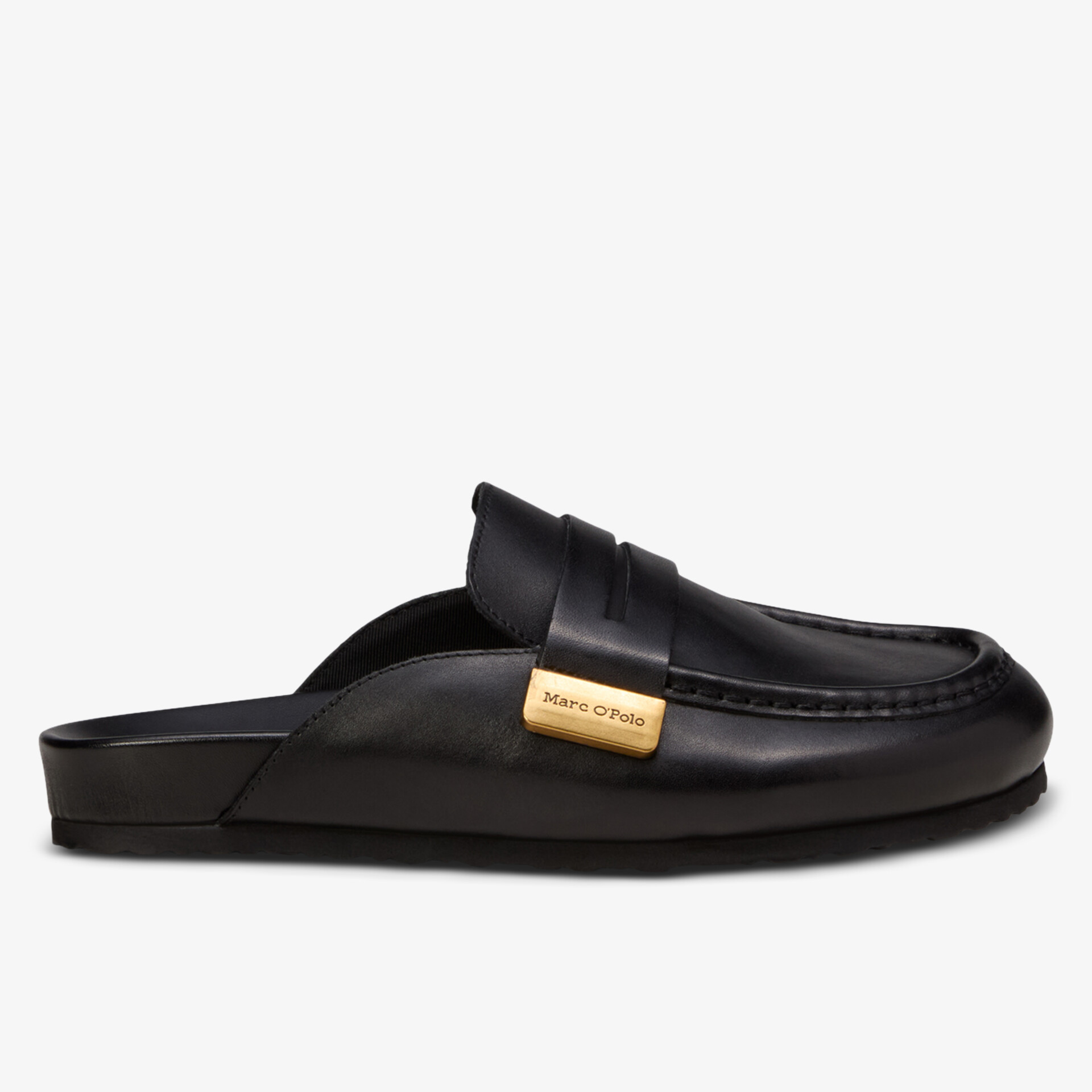 Schwarzer Lederslipper mit bequemer Passform und elegantem Design, seitliche Ansicht